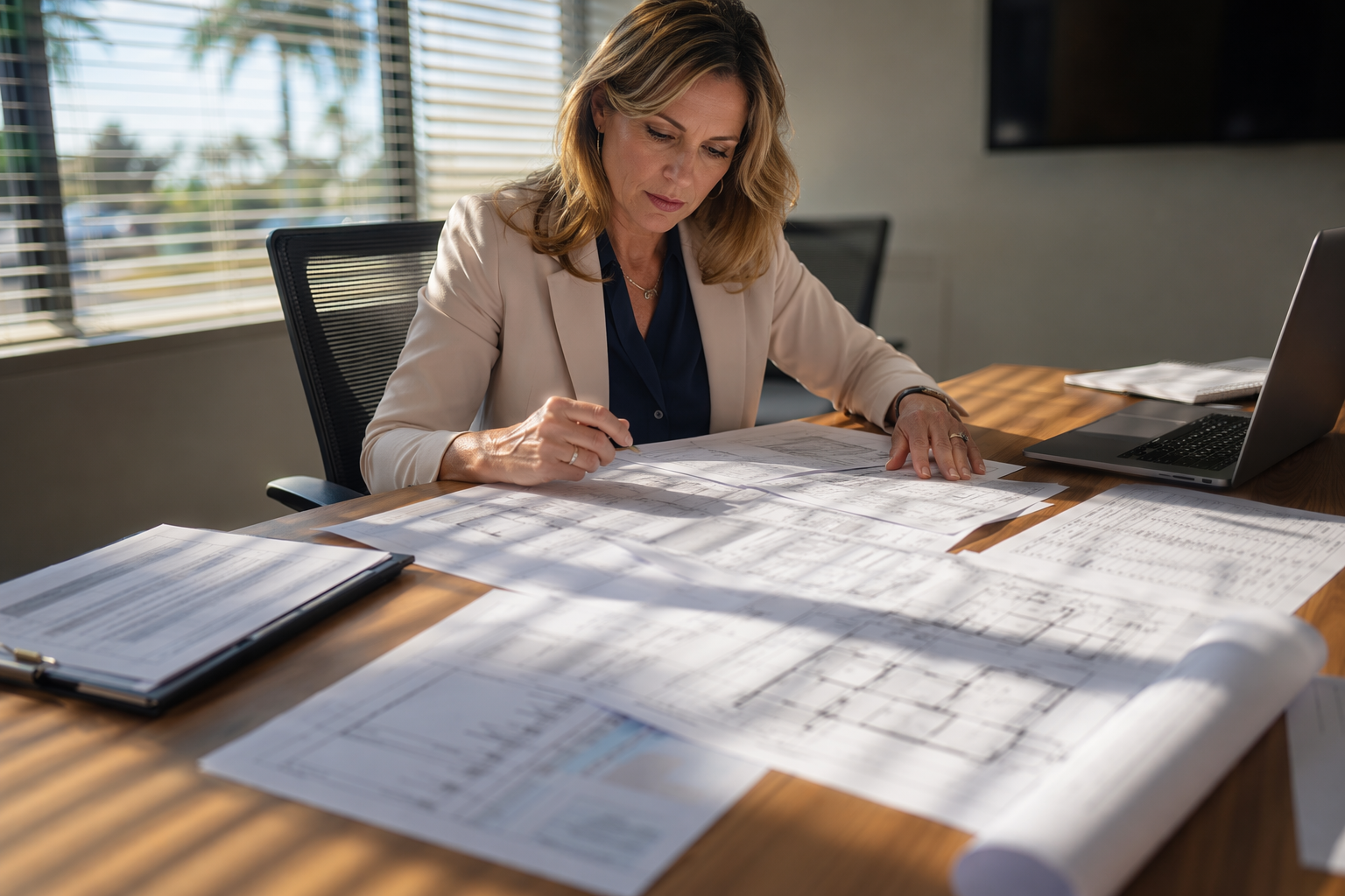 Building property manager reviewing elevator modernization cost breakdown documents and compliance checklists at a Florida commercial office
