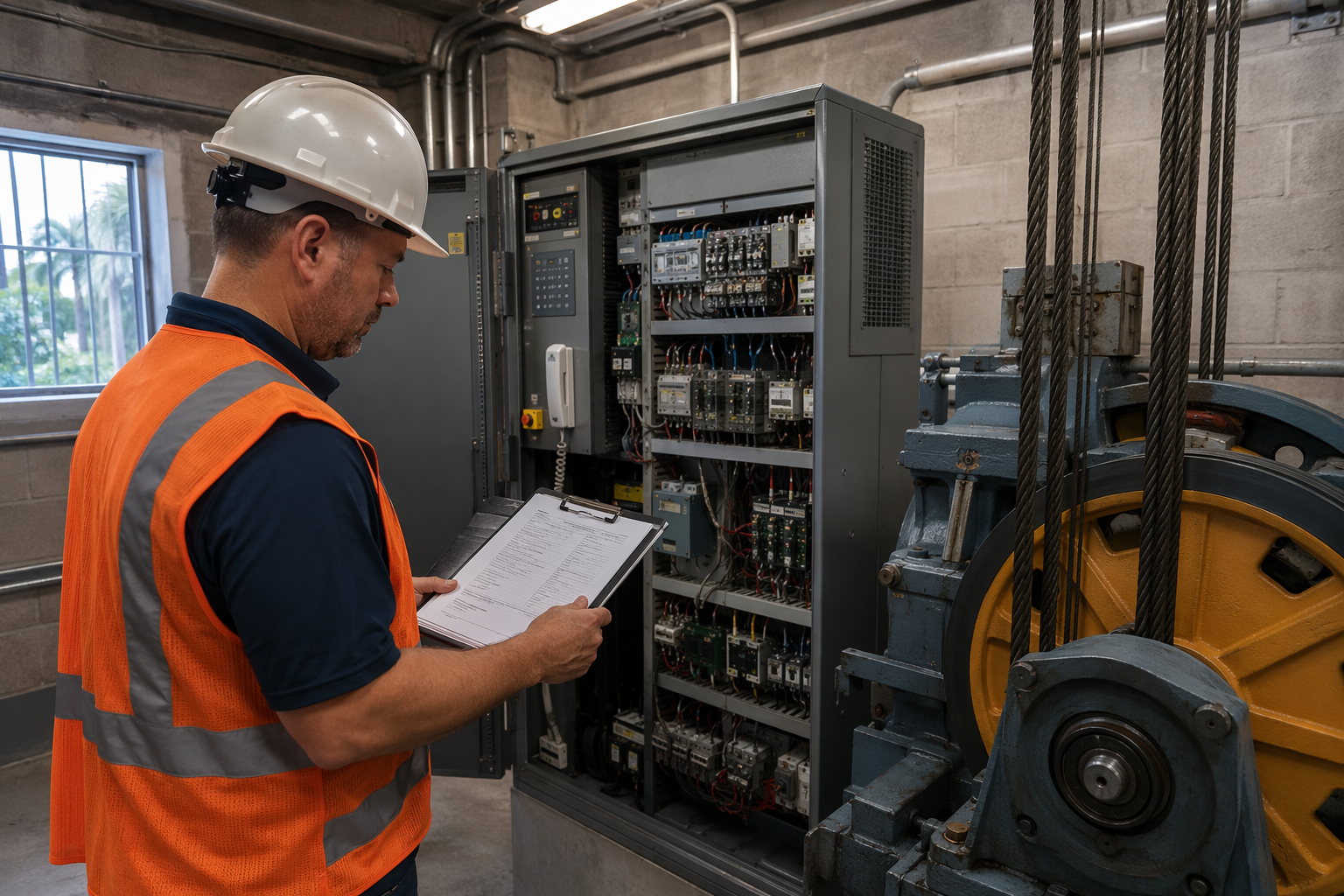 Licensed elevator inspector reviewing safety code compliance documentation inside a commercial elevator machine room in Florida, clipboard in hand near traction controller