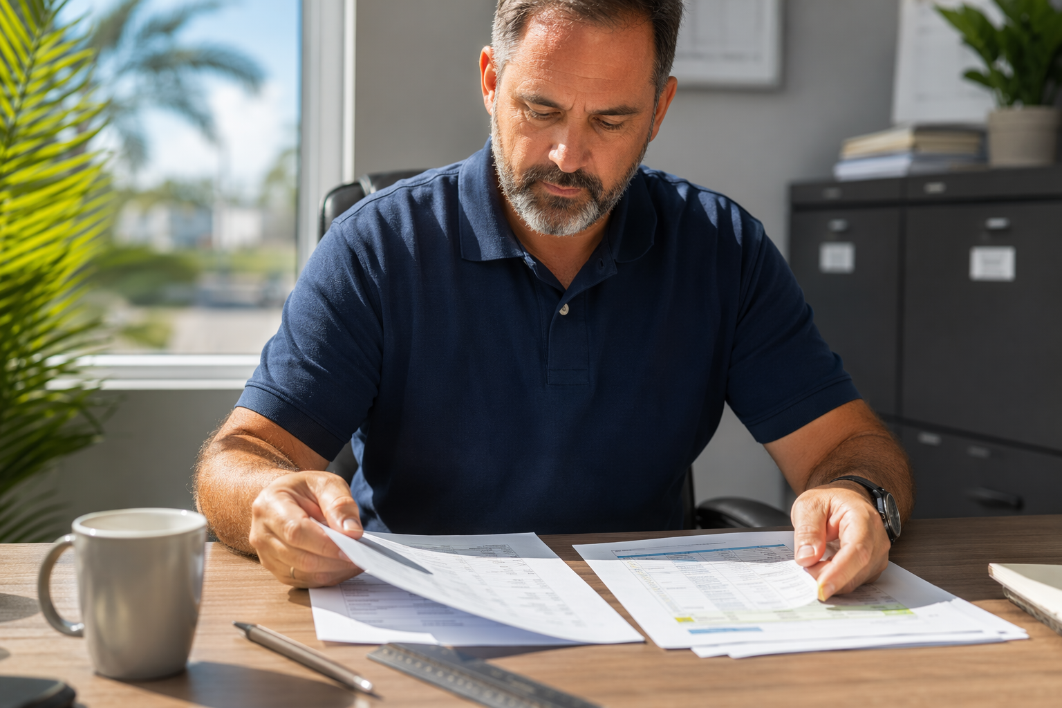 Facilities manager comparing elevator safety code compliance pathway options including proactive maintenance and full modernization documents at office desk in Florida