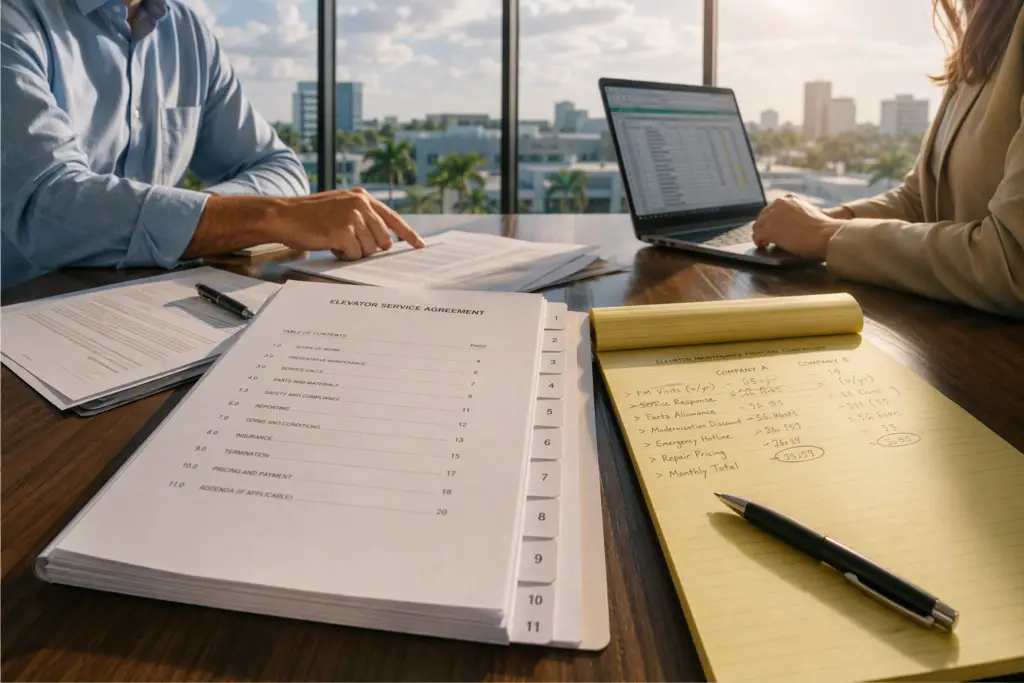 Building manager and elevator contractor reviewing a multi-page elevator service contract at a conference table during elevator service contract negotiation in a Florida office.