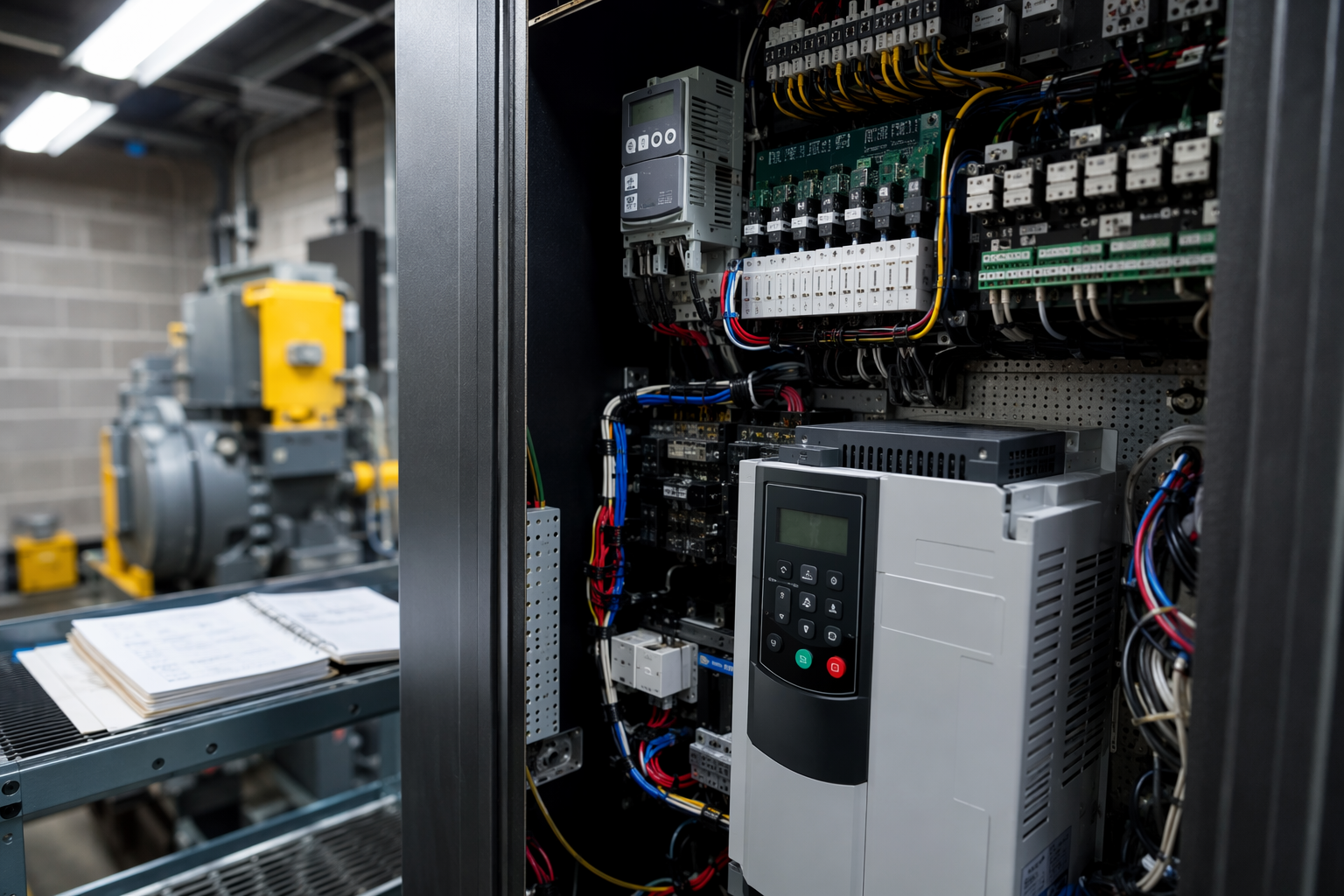 Elevator Controller and Machine Room Equipment Open elevator controller cabinet in a commercial machine room showing relay boards and wiring, representing the mechanical scope covered under different elevator service contract types.