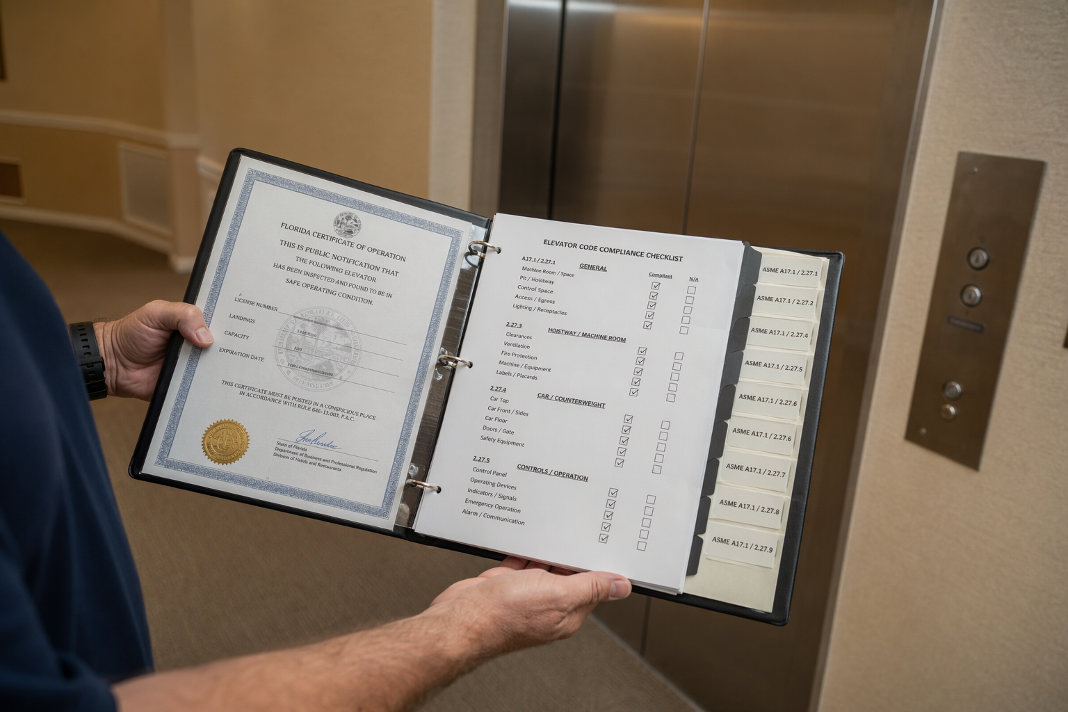 Elevator Compliance Documentation Review Property manager reviewing an elevator inspection compliance binder with Florida code certificates in a condominium hallway during elevator service contract review.