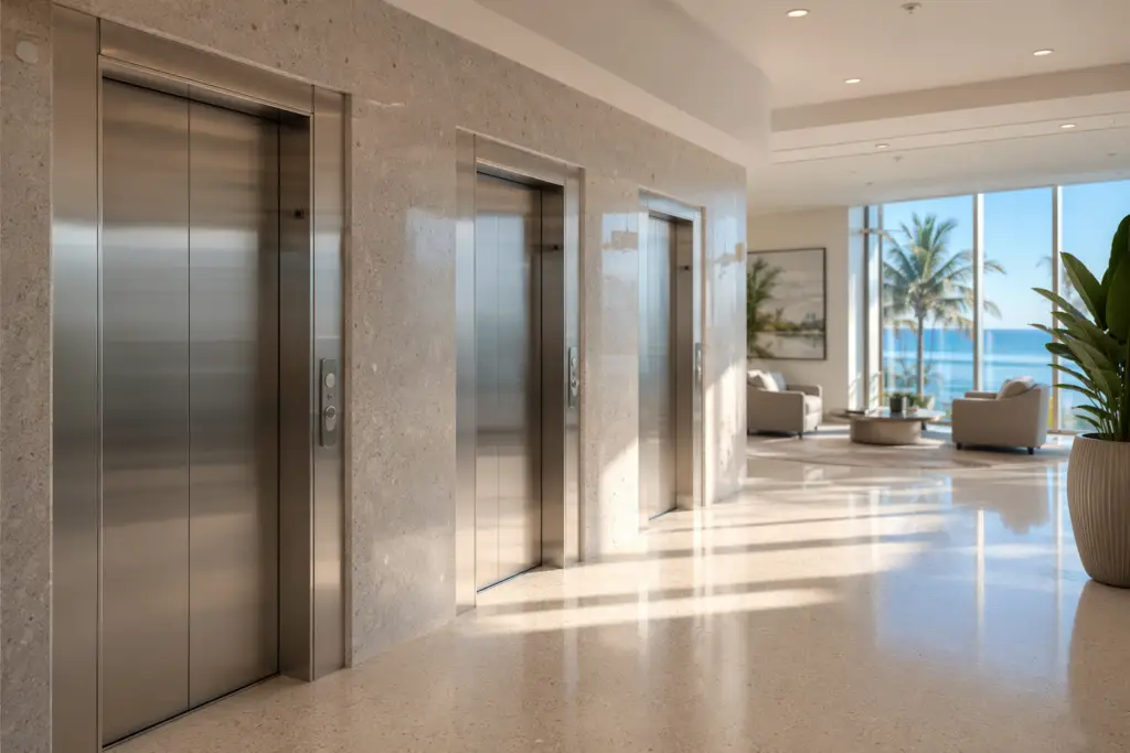 Lobby of a Pompano Beach FL oceanfront condominium showing three stainless-steel elevator doors and brushed-nickel call panels awaiting elevator service