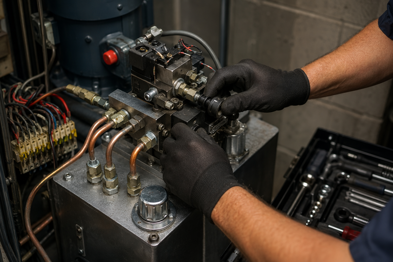 Elevator technician performing hydraulic power unit maintenance in a Pompano Beach FL machine room as part of a preventive maintenance agreement