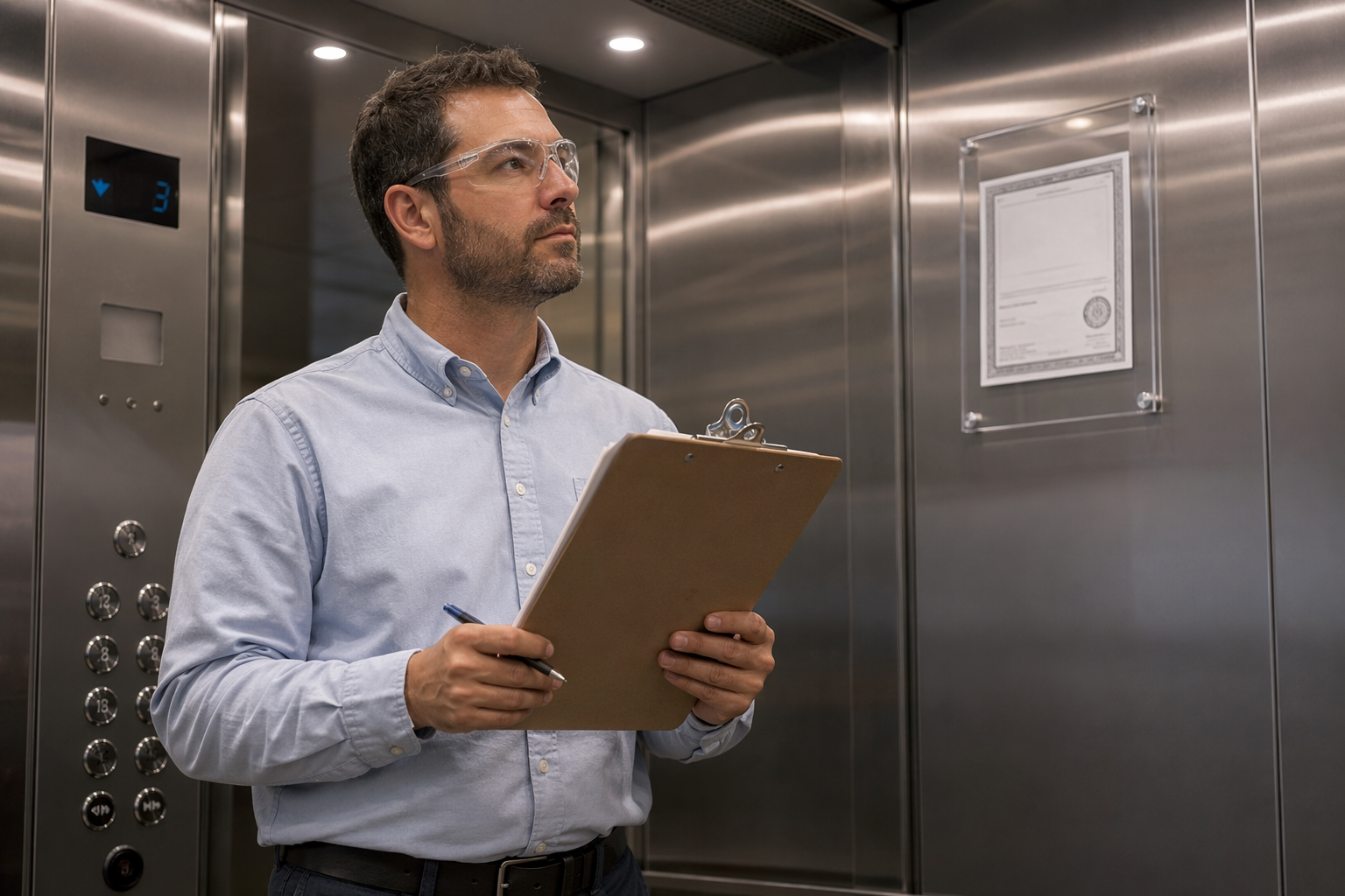 Licensed elevator inspector reviewing compliance documentation inside a Pompano Beach FL commercial elevator cab during a Florida Chapter 399 annual inspection