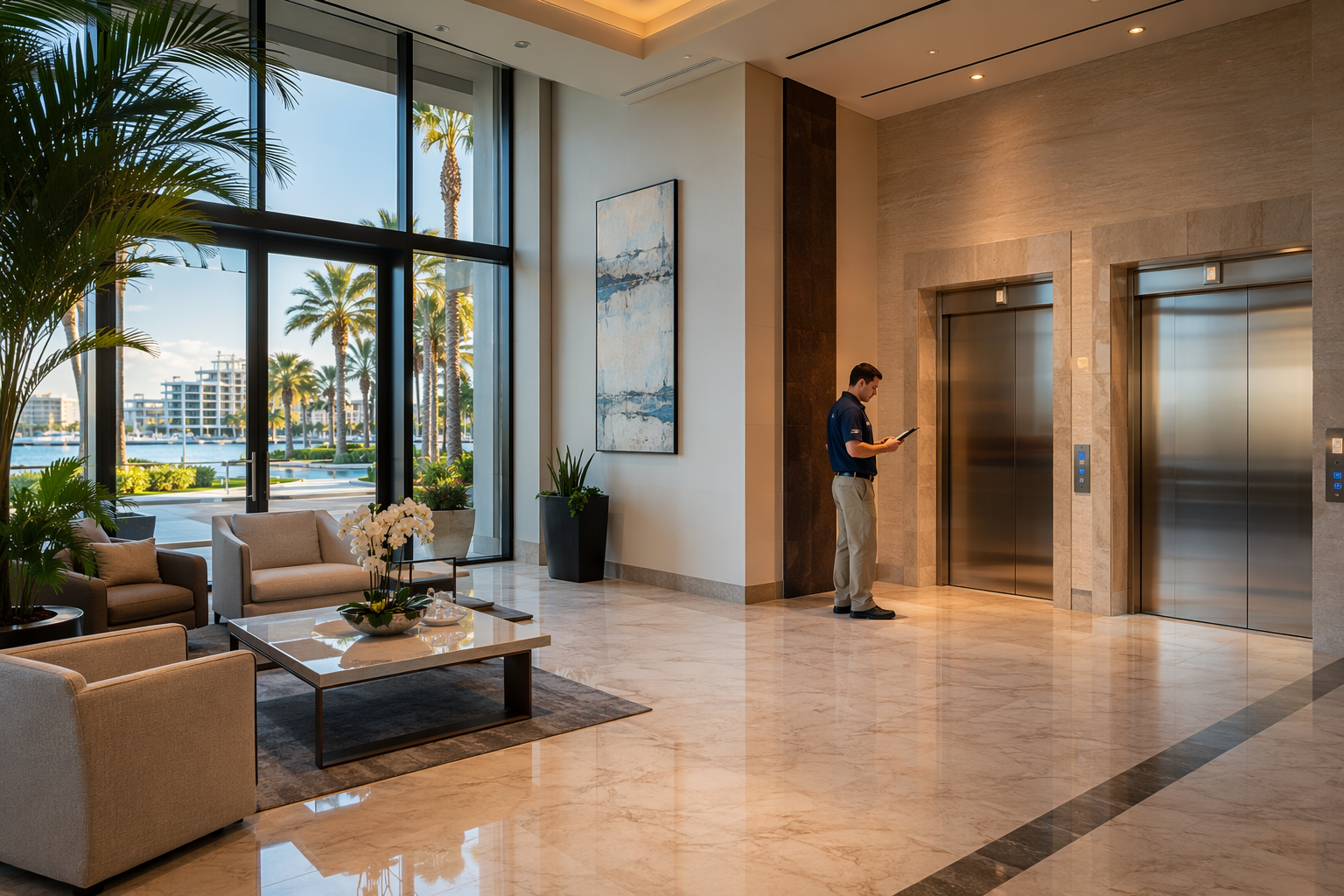 Certified elevator service technician inspecting a modern condominium elevator lobby in Sarasota, FL, ensuring safe operation and code compliance.