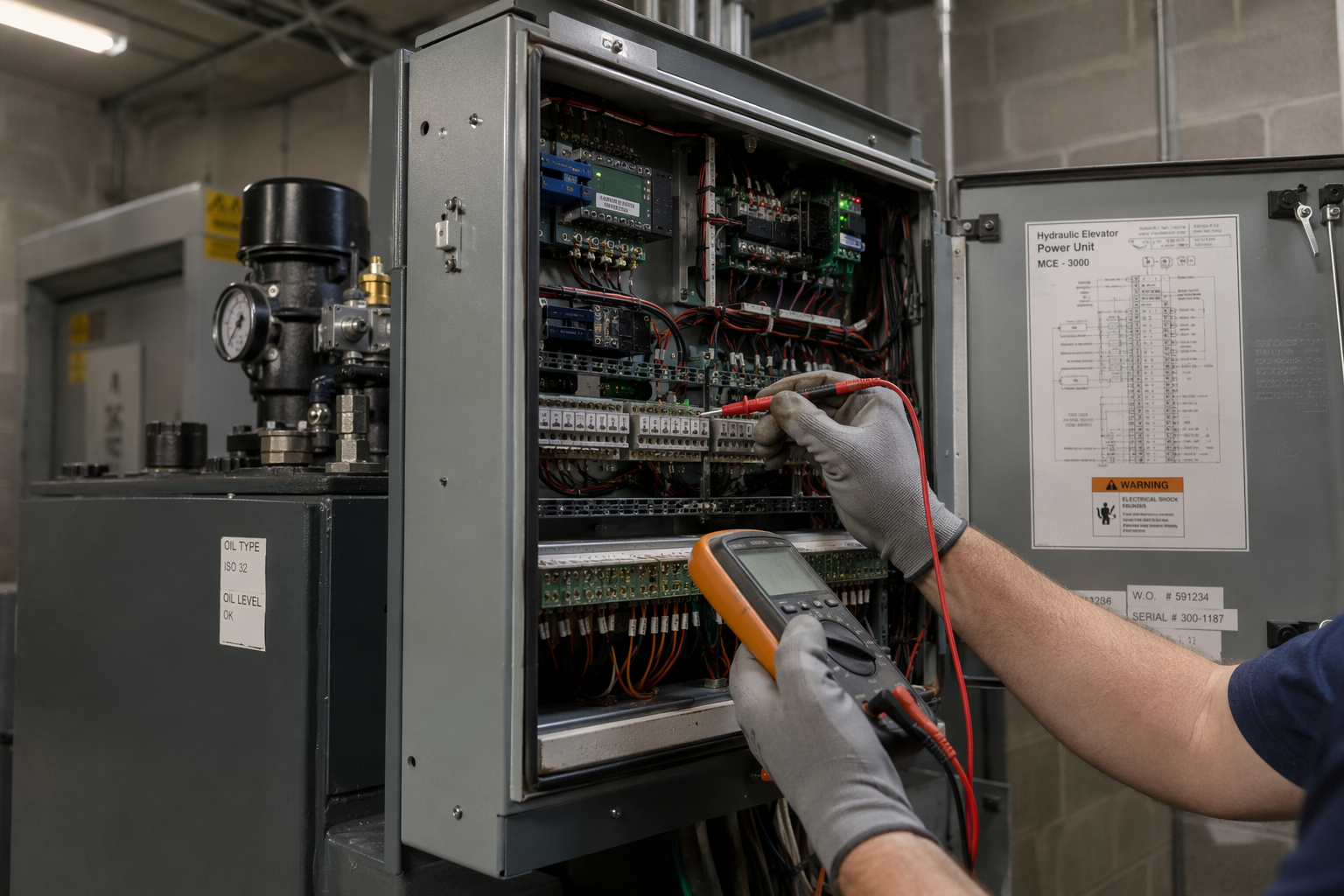 Elevator technician testing control panel wiring inside a Sarasota FL machine room during a Florida Chapter 399 compliance maintenance visit.