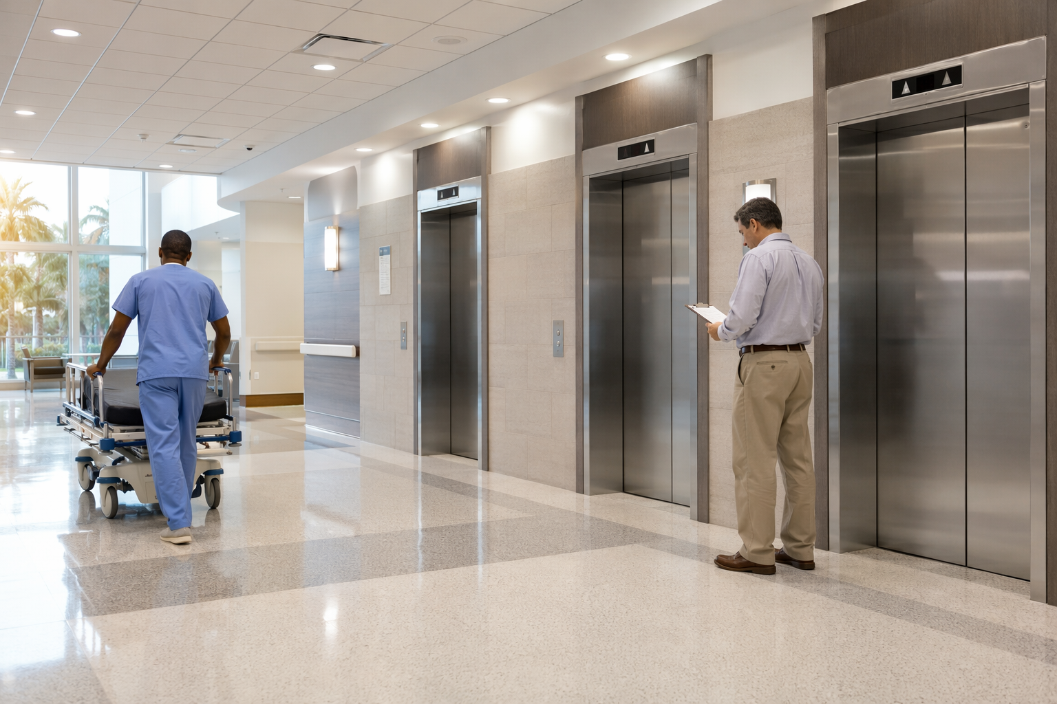 Hospital elevator lobby in a Florida healthcare facility showing stainless-steel elevator doors and a facility manager reviewing service provider documentation, relevant to elevator service provider c