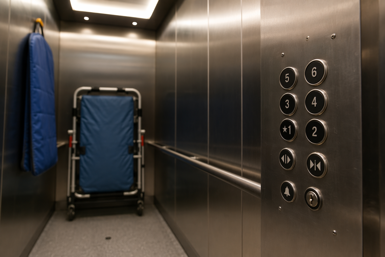 Interior of a hospital-grade elevator cab in Florida showing heavy-duty stainless walls, oversized control panel, and stretcher pad — key features evaluated in an elevator service provider comparison 