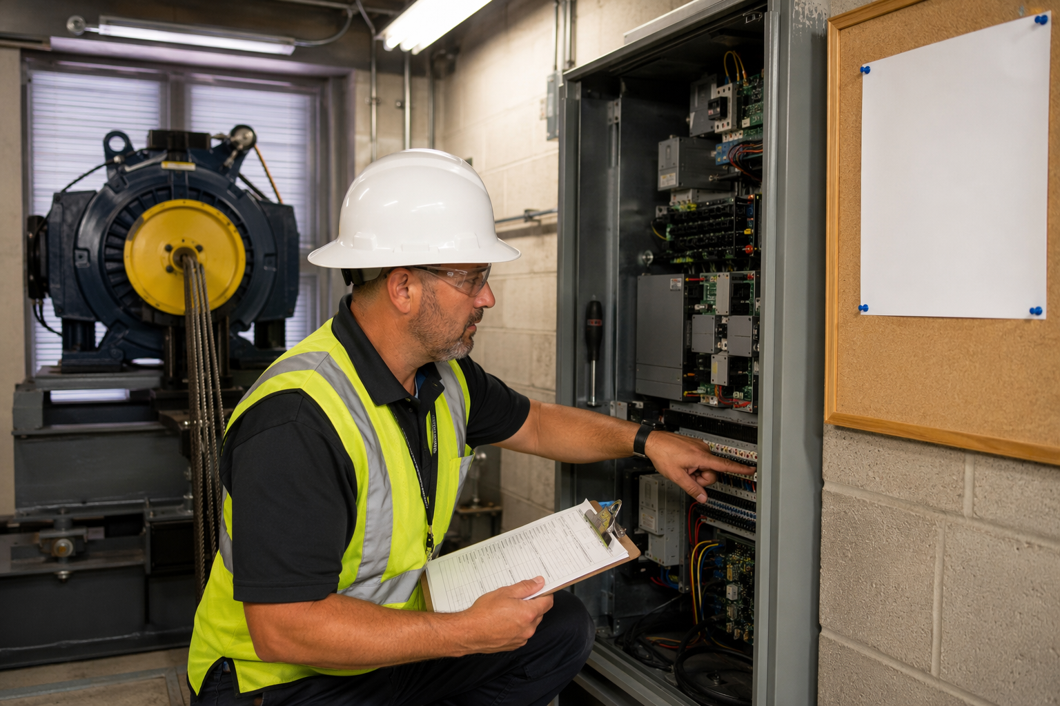 Licensed elevator inspector reviewing ASME A17.1 compliance documentation beside a machine-room controller in a Florida healthcare facility during an elevator service provider evaluation.