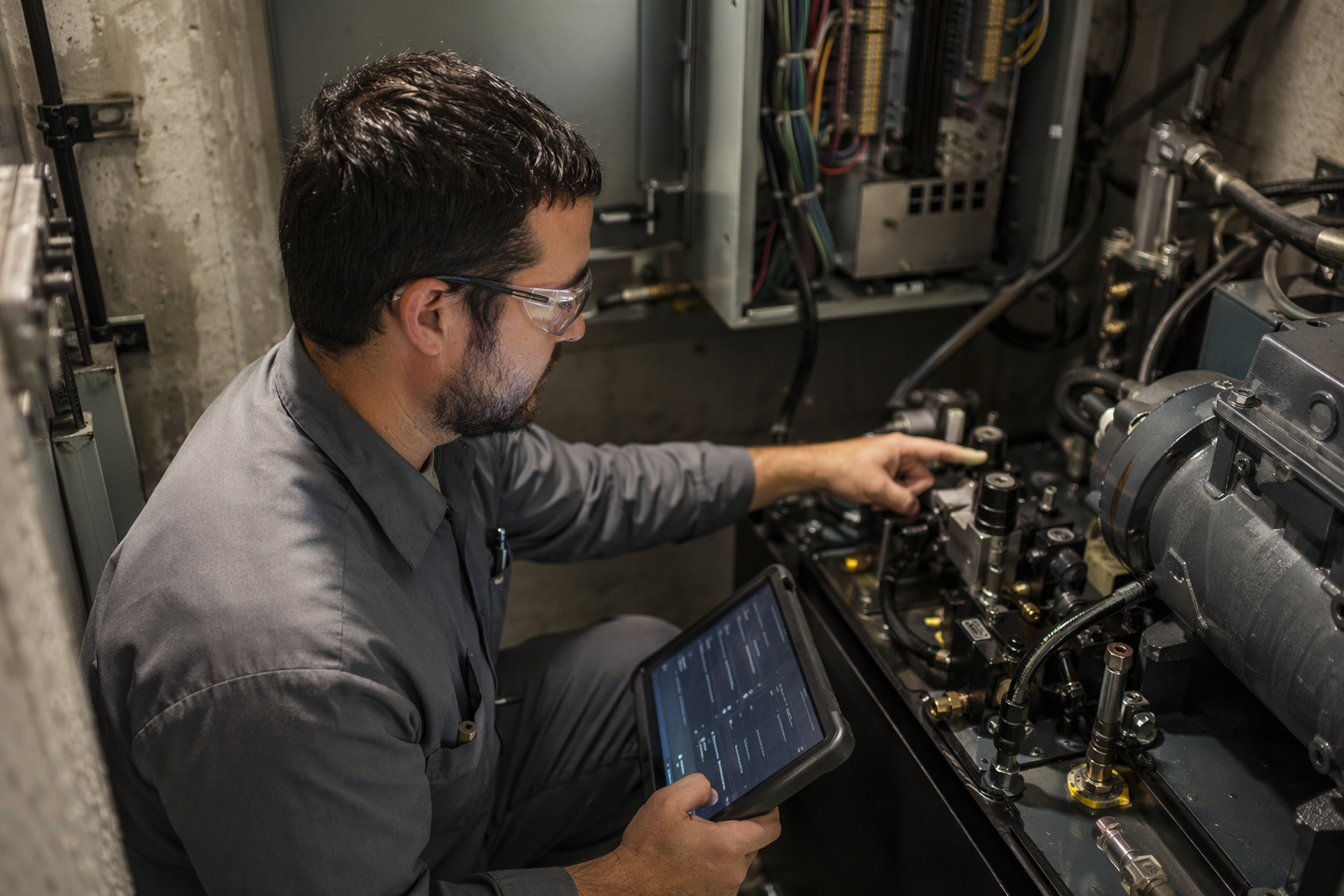 Certified elevator technician diagnosing hydraulic power unit fault in Florida elevator machine room after elevator stopped between floors