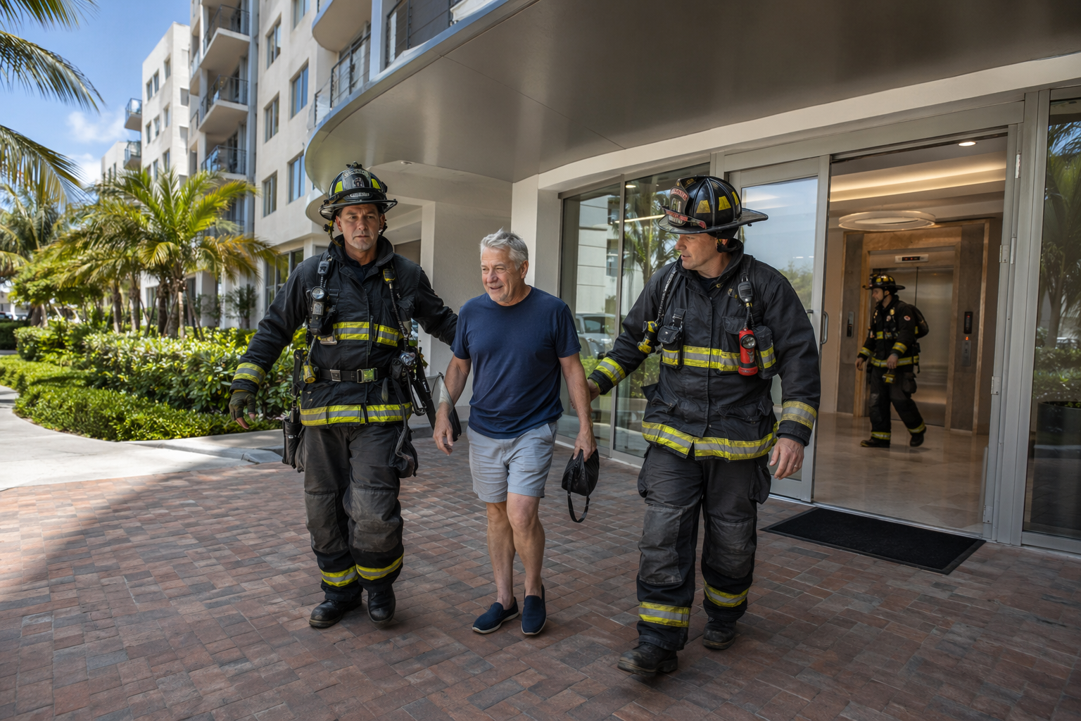 Florida fire rescue crew assisting passenger evacuated from elevator stuck between floors at a Pompano Beach condominium building