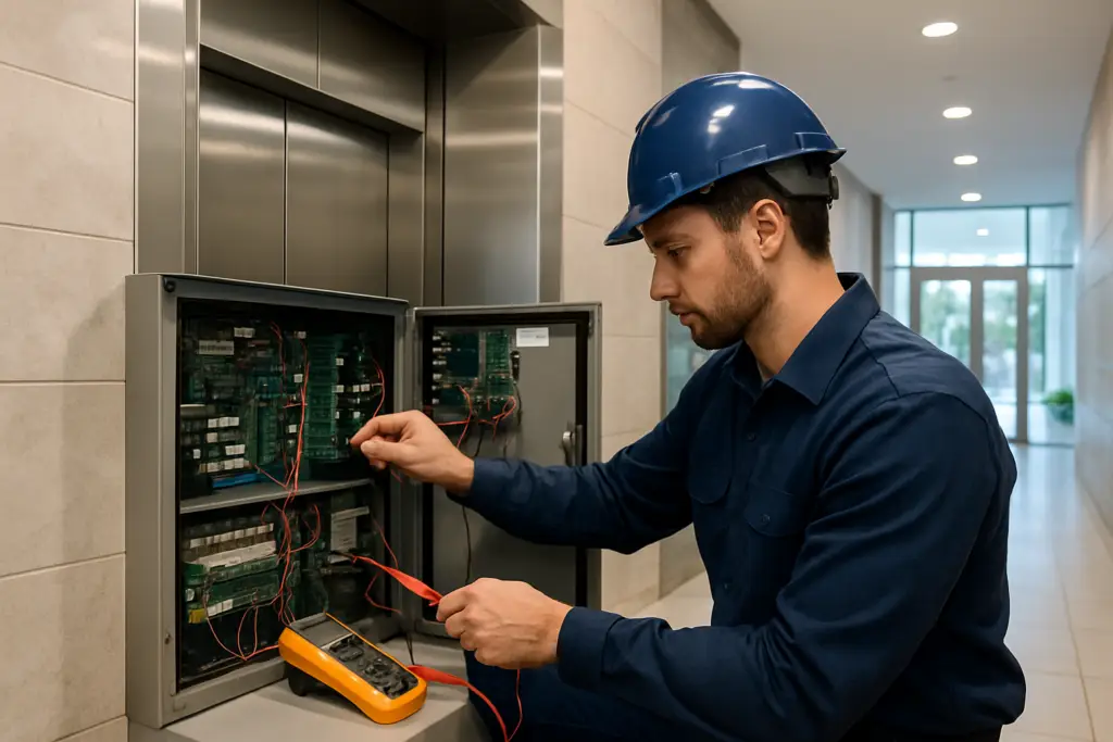 Certified elevator technician performing emergency elevator repair in a Pompano Beach commercial building lobby with diagnostic tools and open control panel