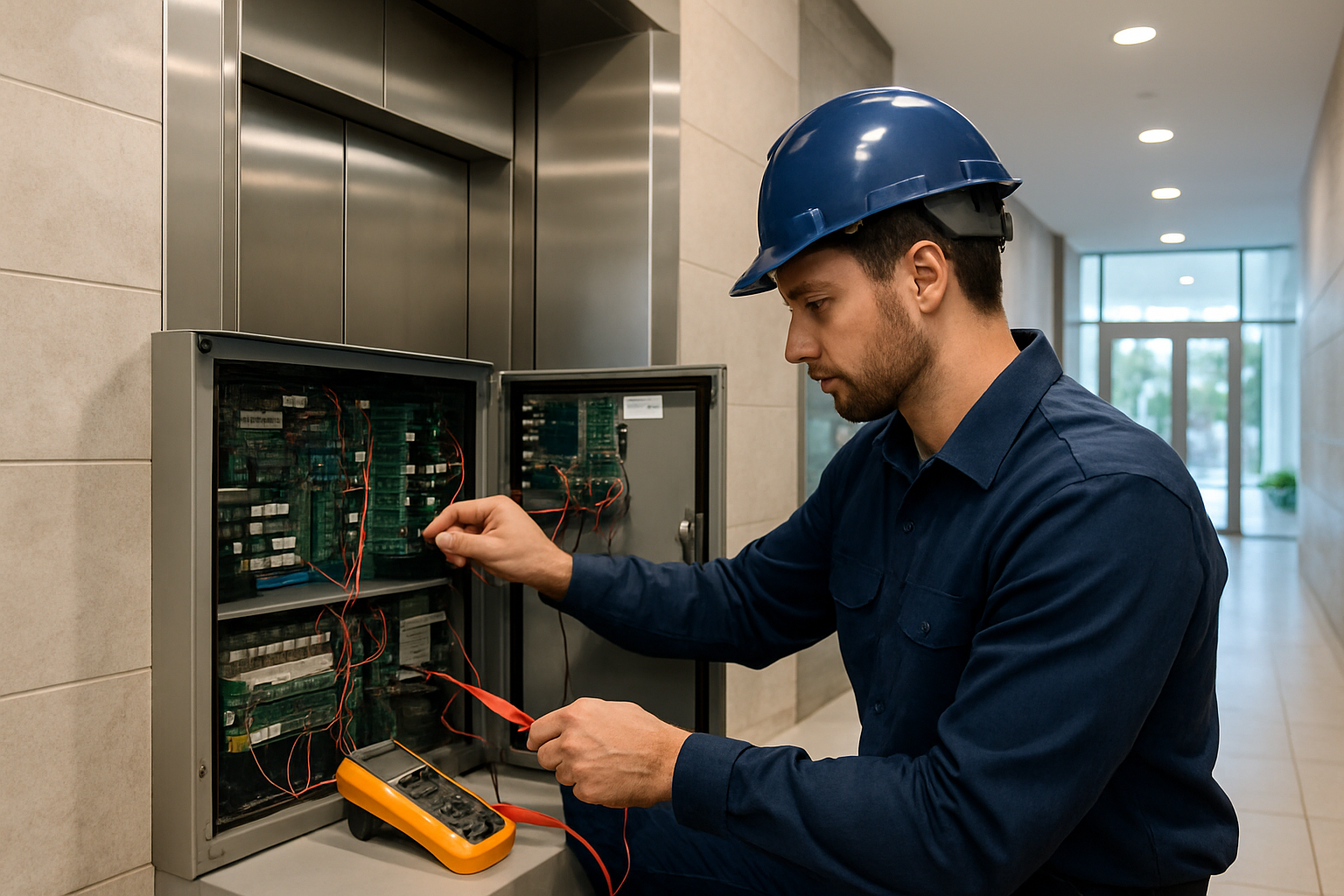 Certified elevator technician performing emergency elevator repair in a Pompano Beach commercial building lobby with diagnostic tools and open control panel