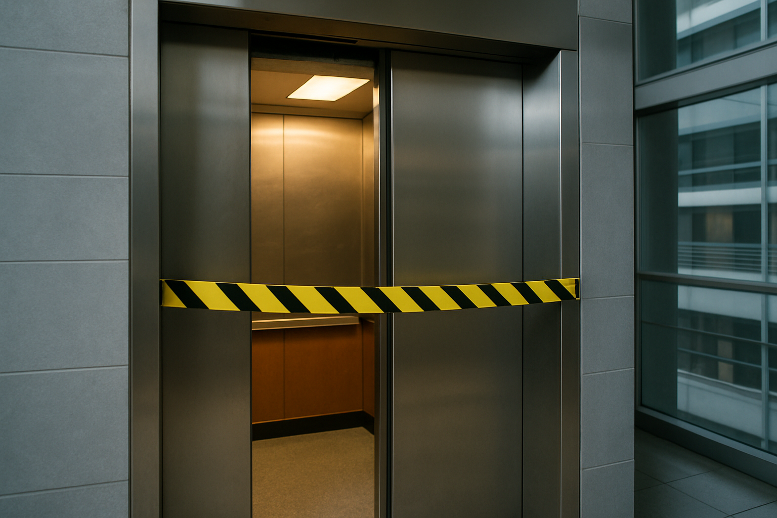 Stalled commercial elevator car with doors open between floors showing an active emergency malfunction scenario requiring immediate elevator repair response in Pompano Beach