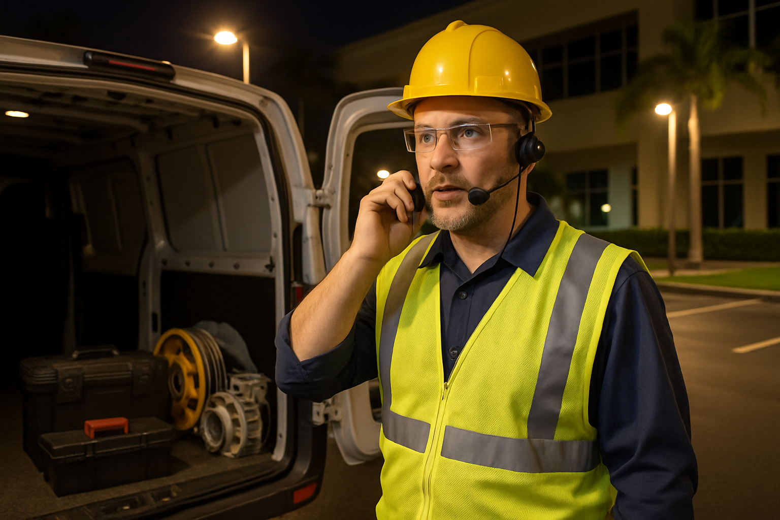 Emergency elevator repair technician dispatched at night from a service van in Broward County Florida ready to respond to a Pompano Beach elevator failure within 1 to 4 hours