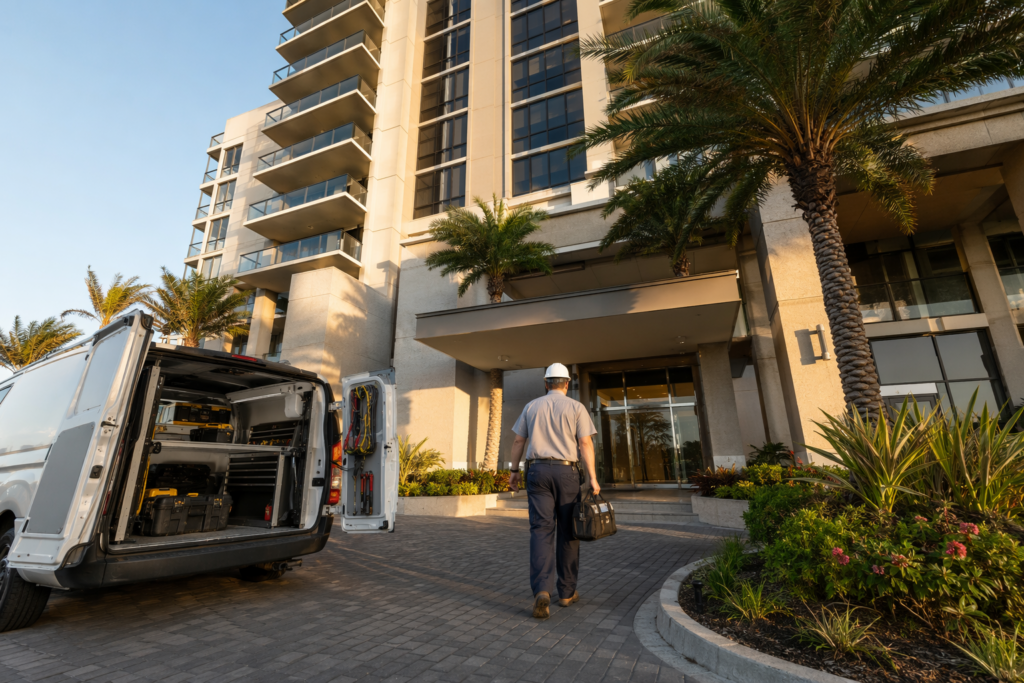 Licensed elevator technician arriving at a Sarasota FL mid-rise condominium for emergency elevator repair, service van parked at building entrance at golden hour.