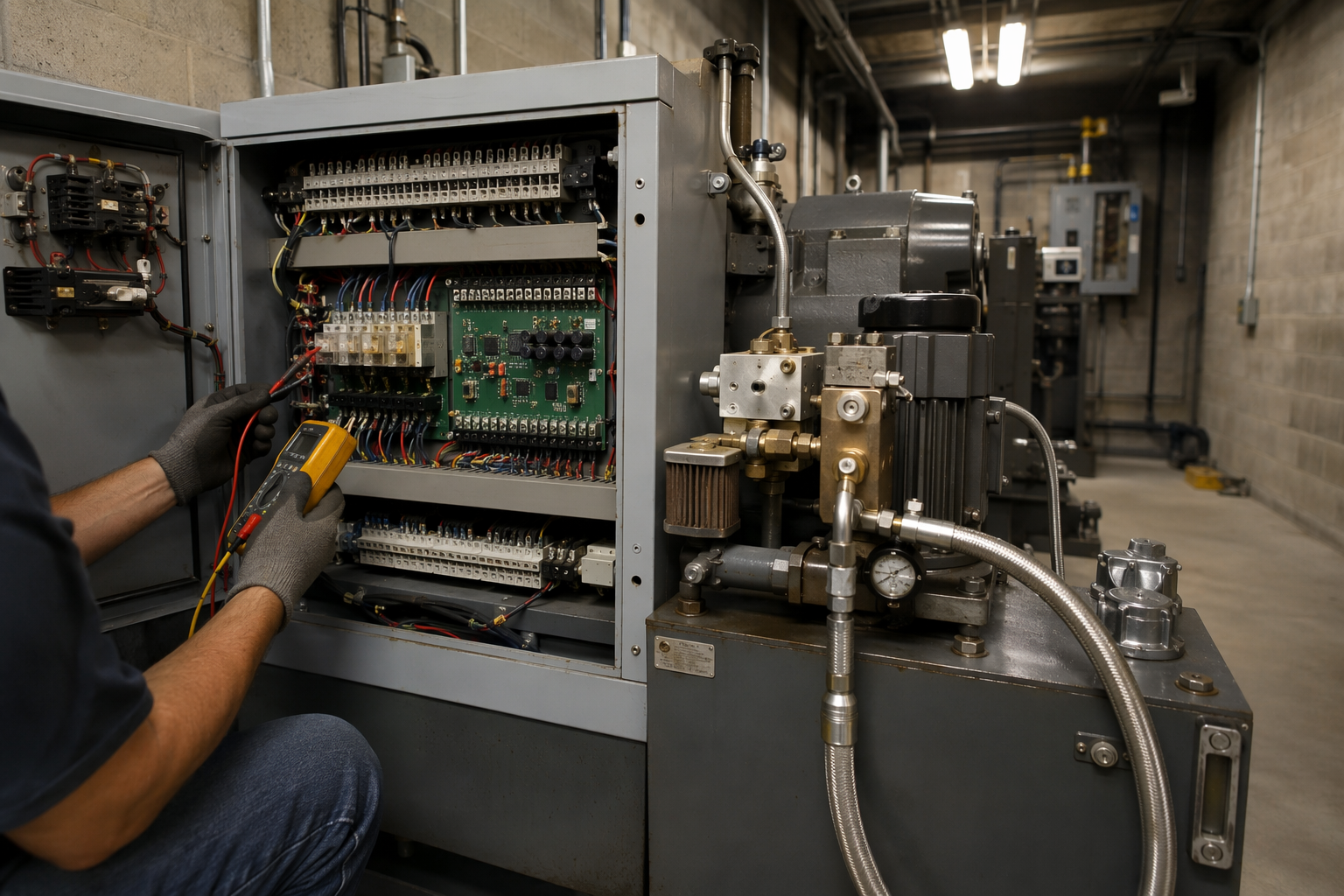 Elevator technician using a multimeter to diagnose a hydraulic controller in a Sarasota FL commercial building machine room during an emergency repair call.