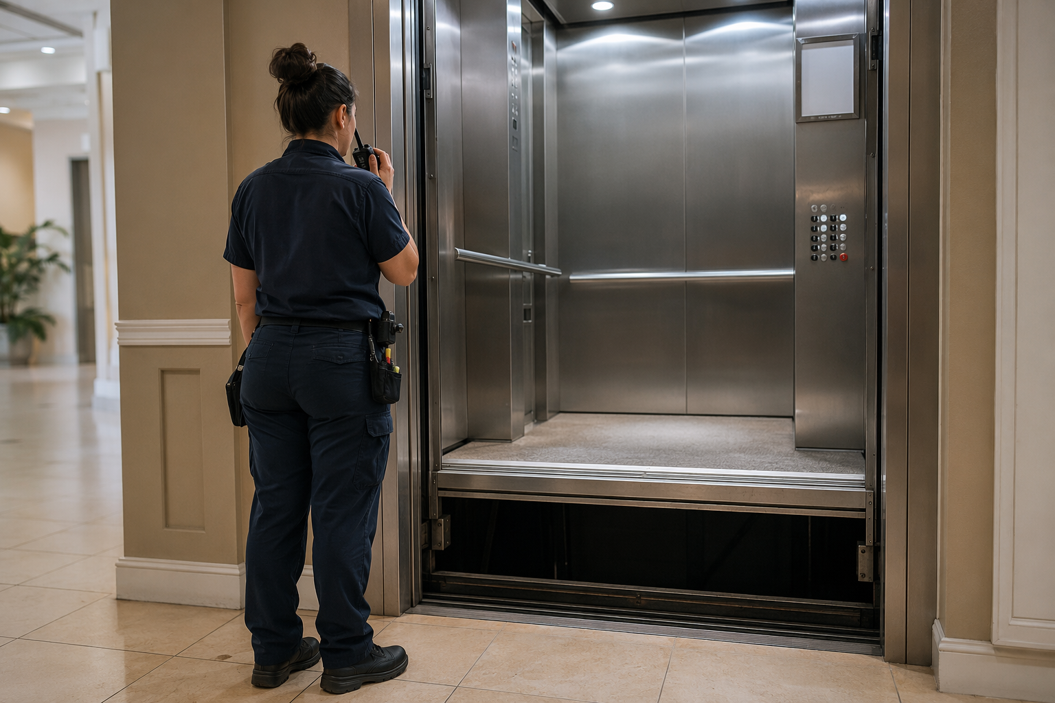 Certified elevator technician managing a passenger entrapment scene with a stalled cab between floors in a Sarasota FL condominium lobby, communicating by radio.