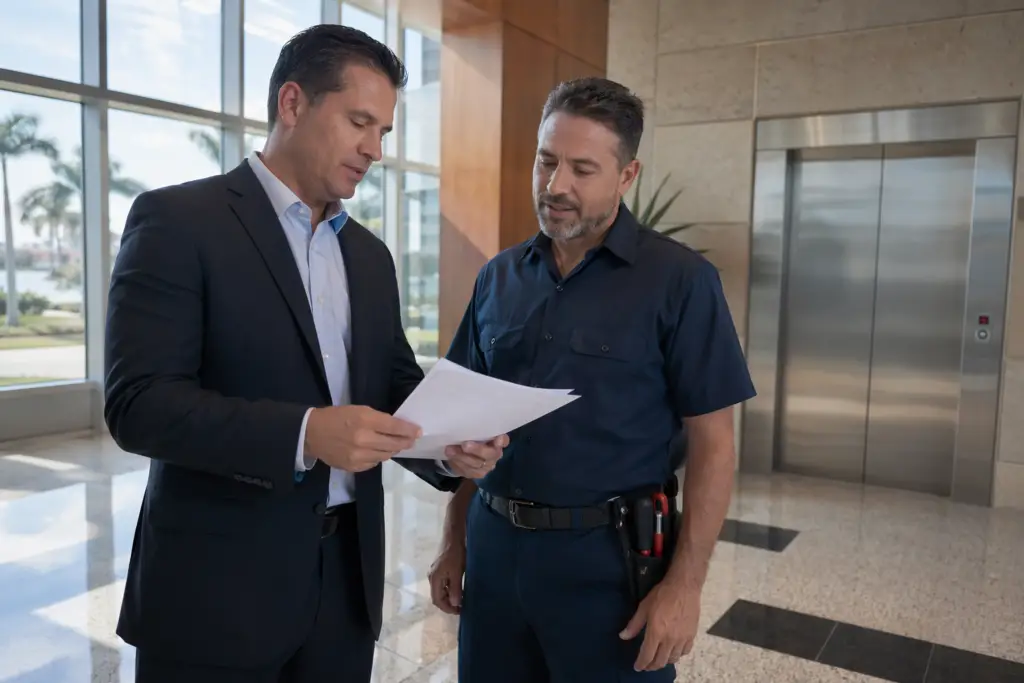 Building manager and certified elevator technician reviewing an elevator maintenance contract in a Florida commercial lobby with stainless steel elevator doors visible in background
