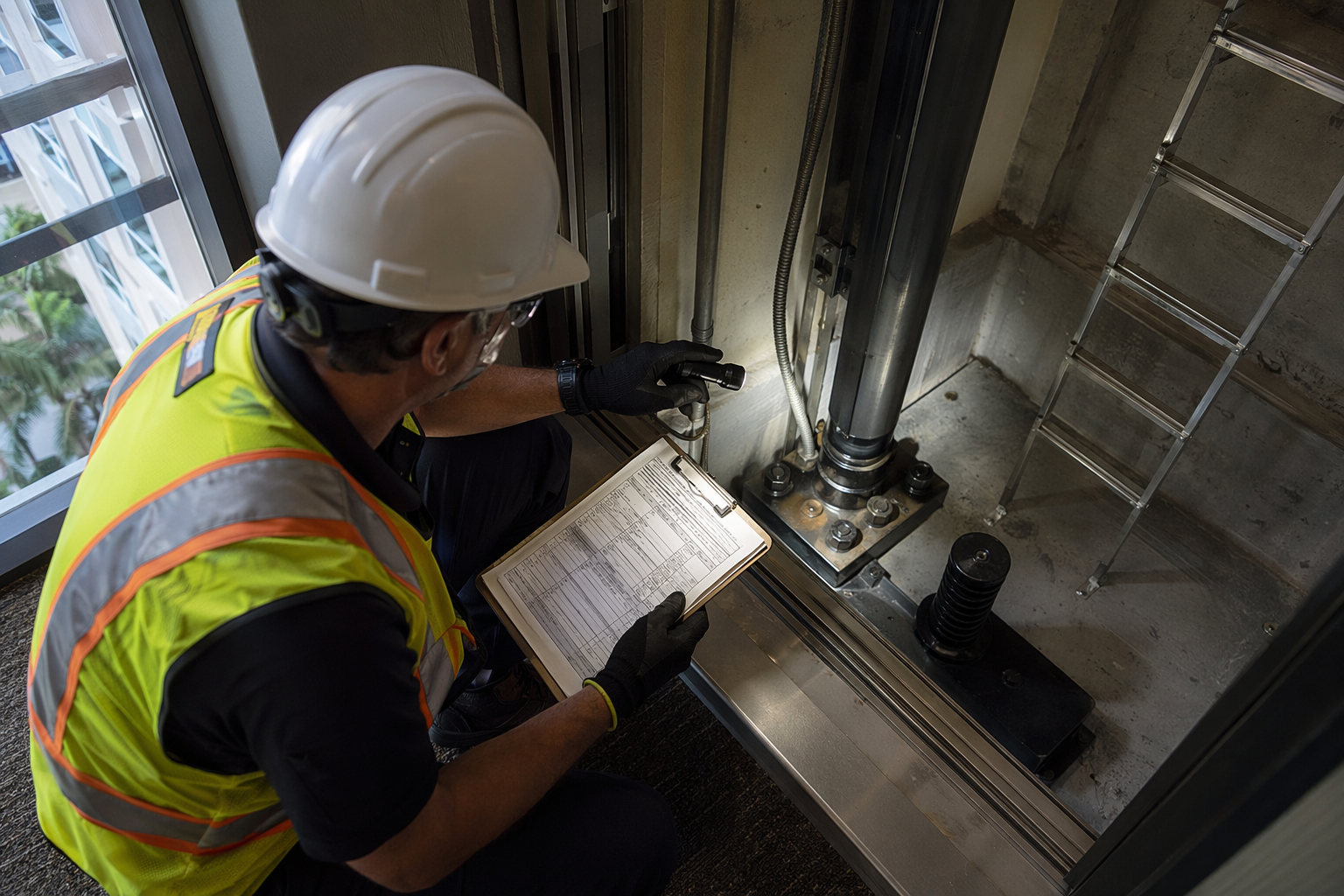 Licensed elevator inspector examining pit safety devices and hydraulic equipment during a compliance inspection required under Florida elevator maintenance contracts