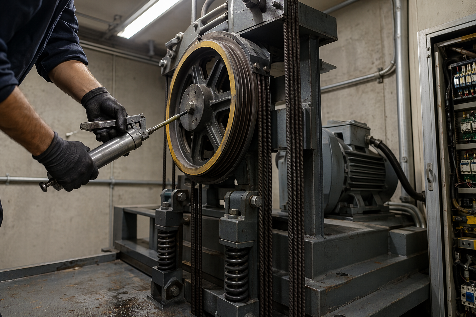 Elevator technician lubricating hoist rope sheave in a machine room during routine preventive maintenance covered under a standard elevator maintenance contract