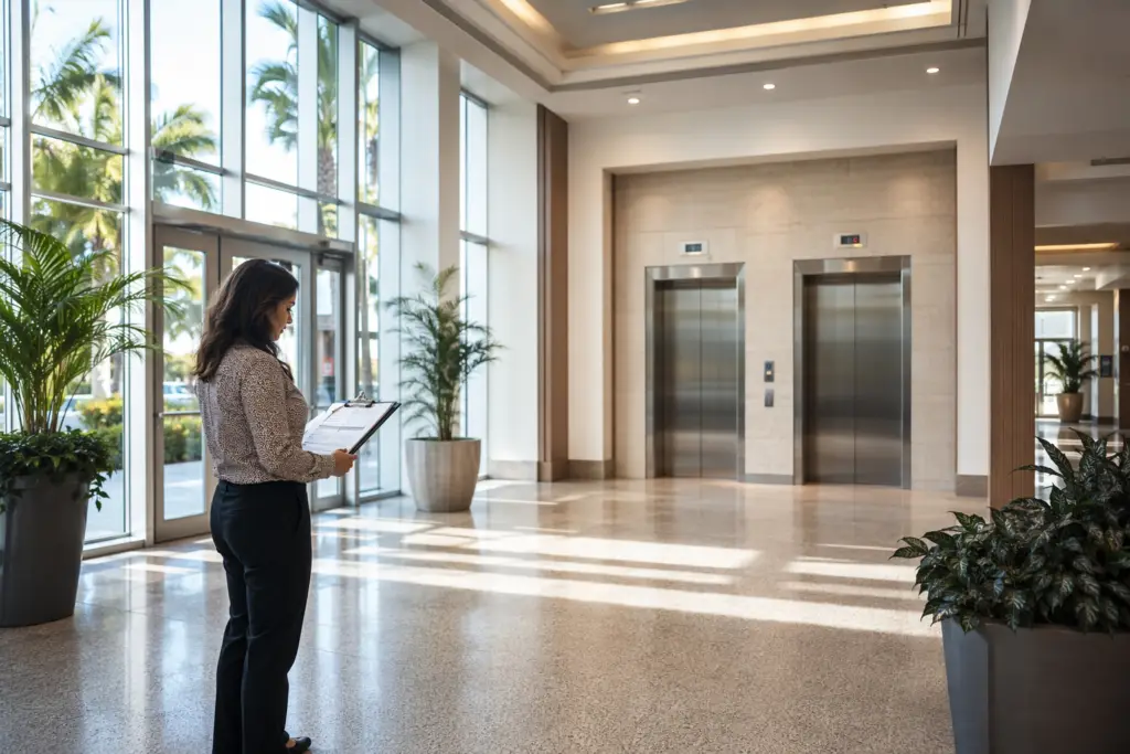 Building property manager reviewing elevator service contract paperwork in a Pompano Beach FL commercial lobby, with stainless-steel elevator doors visible in background