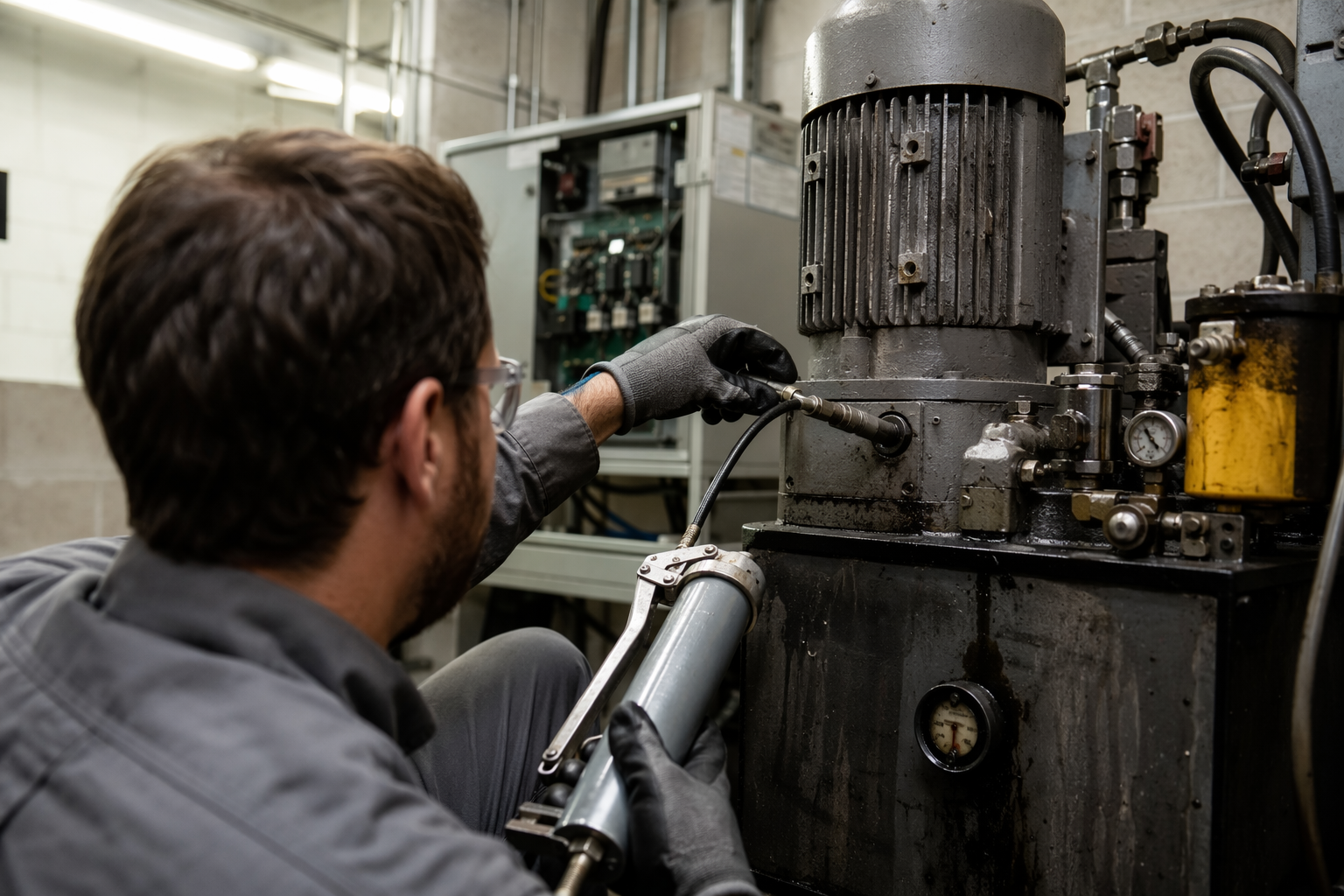 Elevator technician applying grease lubrication to a hydraulic power unit in a machine room, illustrating the scope of an oil and grease service contract