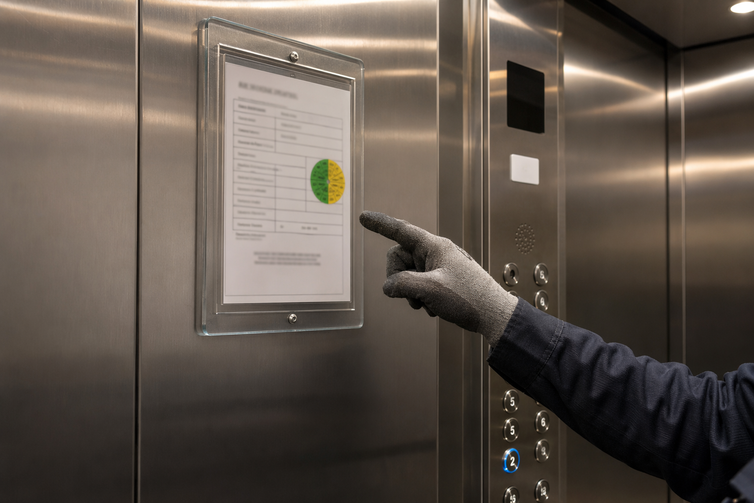 Florida DBPR elevator inspection certificate displayed inside a commercial elevator cab in Pompano Beach, representing ASME A17.1 and Florida Statute Chapter 399 compliance requirements