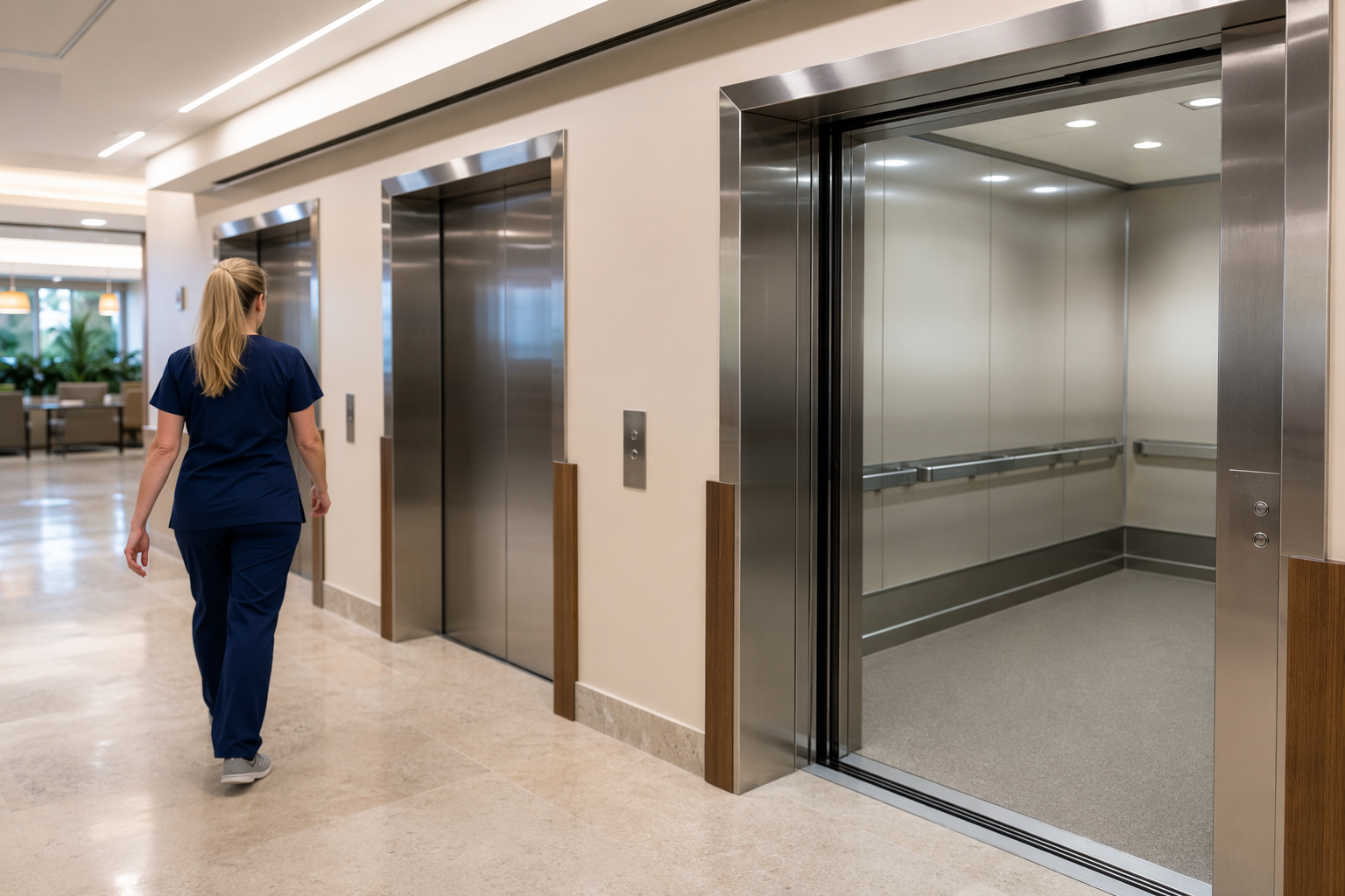 Wide hospital elevator lobby in a Florida healthcare facility showing ADA-compliant cab interiors and stainless call panels meeting healthcare facility elevator code requirements