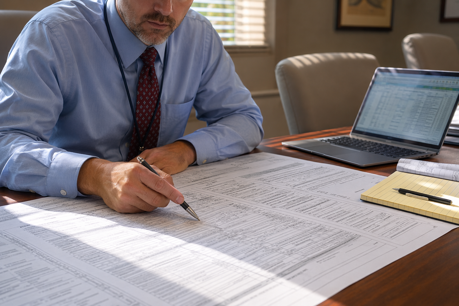 Facility compliance officer reviewing healthcare facility elevator code documentation including ASME A17.1 inspection checklist and ADA requirements at a Florida hospital