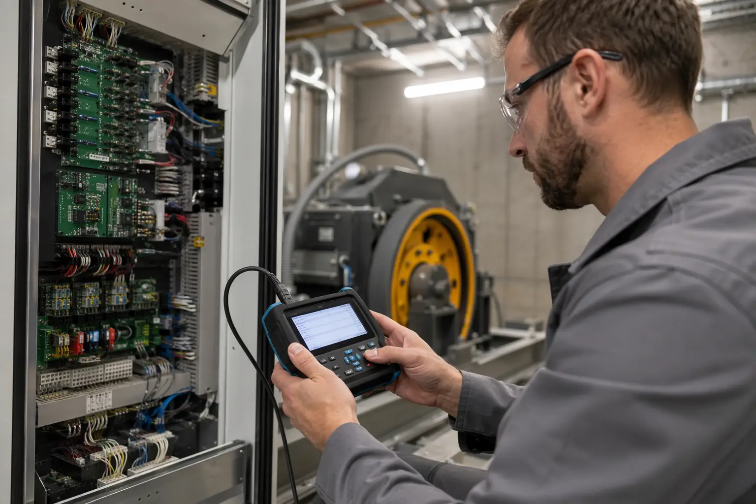 Elevator technician performing diagnostic testing on hospital elevator machine room controller to verify ASME A17.1 safety code compliance for healthcare facility elevator maintenance