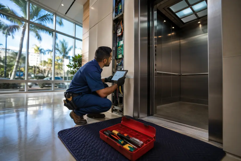 Elevator technician diagnosing a door panel malfunction in a Pompano Beach Florida commercial building lobby, illustrating how fast an elevator can be repaired