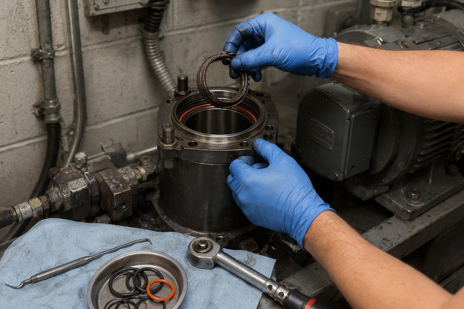Close-up of elevator hydraulic seal replacement in a Florida machine room, a common repair taking 3 to 6 hours in coastal Sarasota and Pompano Beach buildings