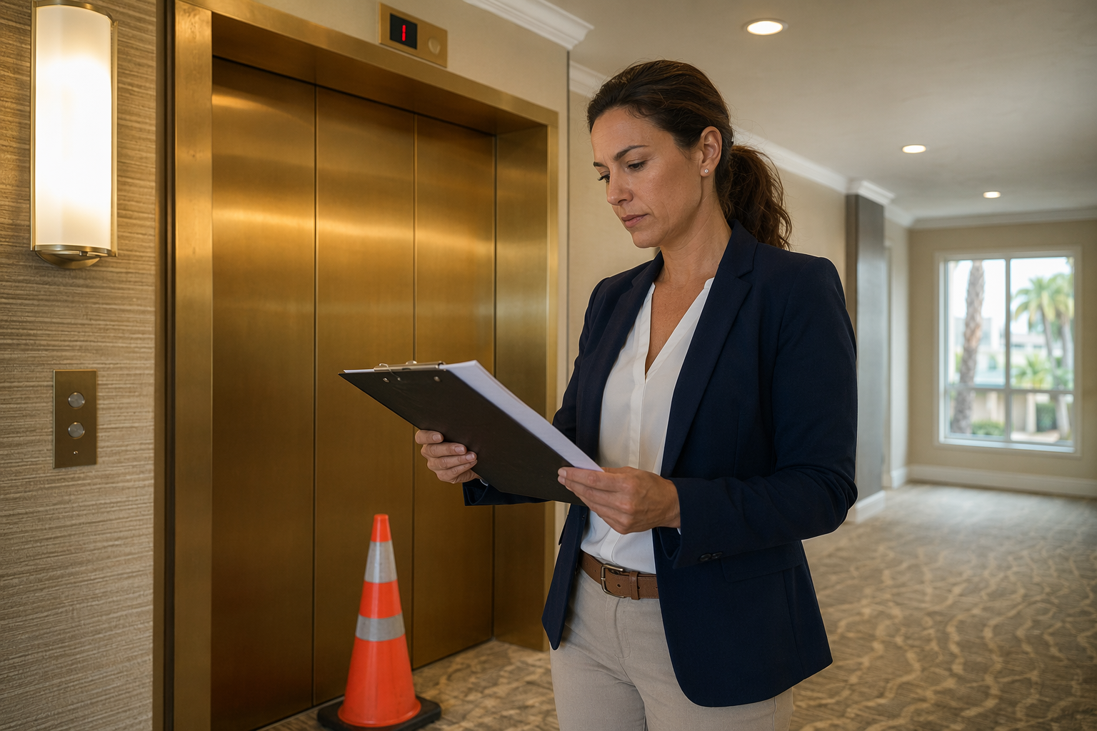 Property manager reviewing elevator repair timeline and compliance documents at a Florida condominium elevator bank during an active service call