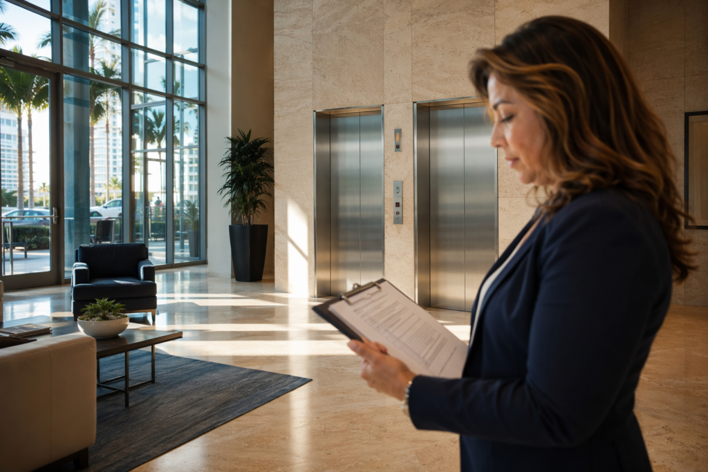 Building property manager reviewing elevator maintenance cost contract documents in a Florida commercial lobby with stainless-steel elevator doors in background