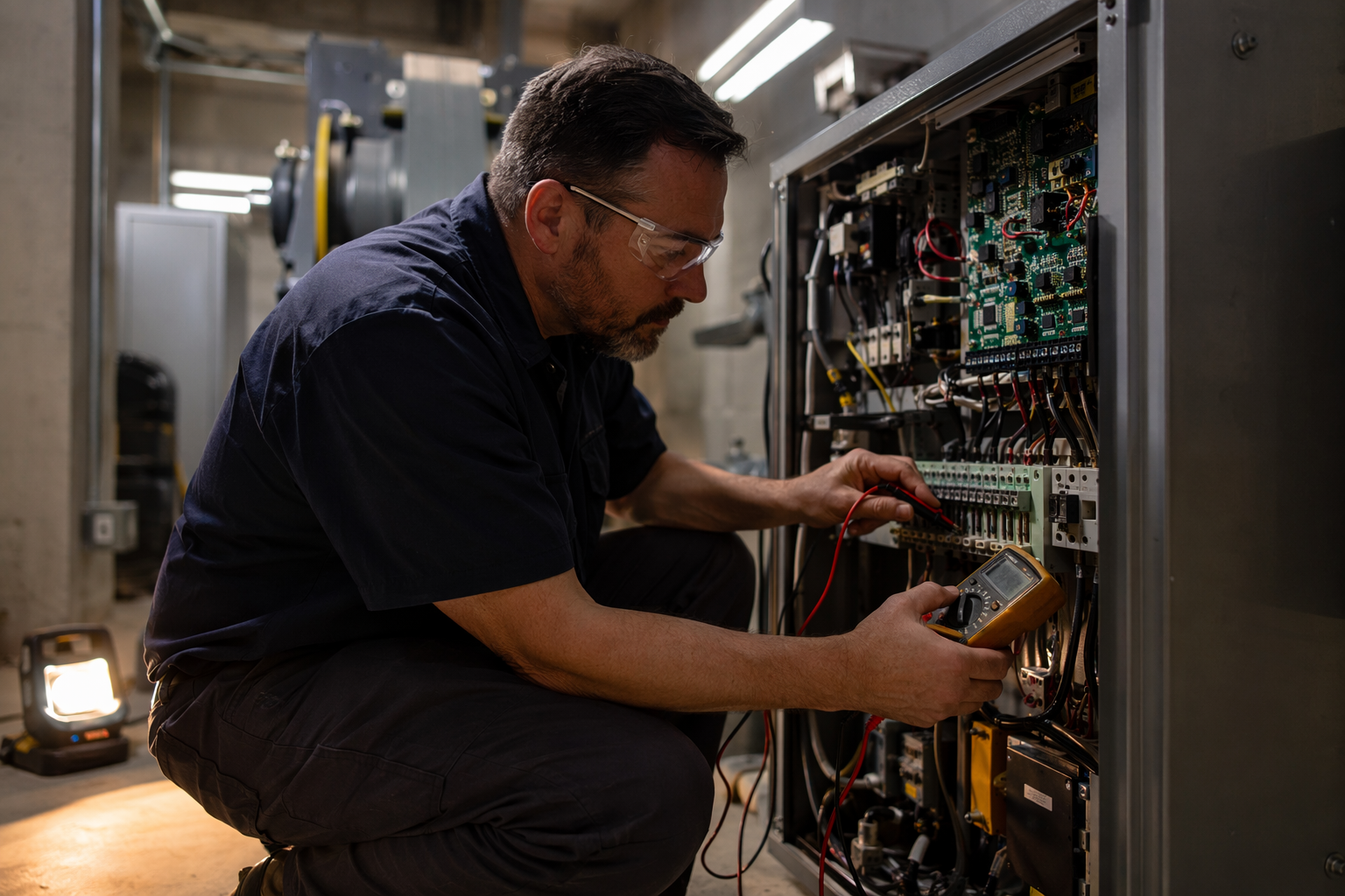 Elevator technician testing traction elevator controller in a Florida machine room, illustrating the technical scope of annual elevator maintenance service
