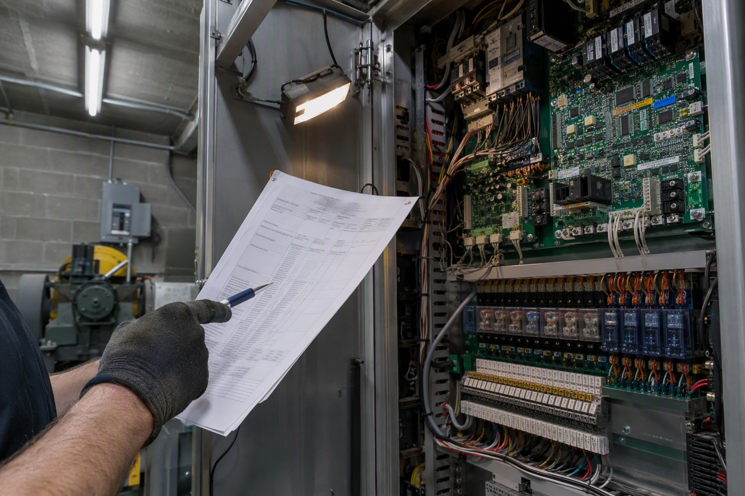 Elevator technician reviewing inspection citation inside a machine room controller cabinet, checking compliance record when switching elevator service vendors in Florida