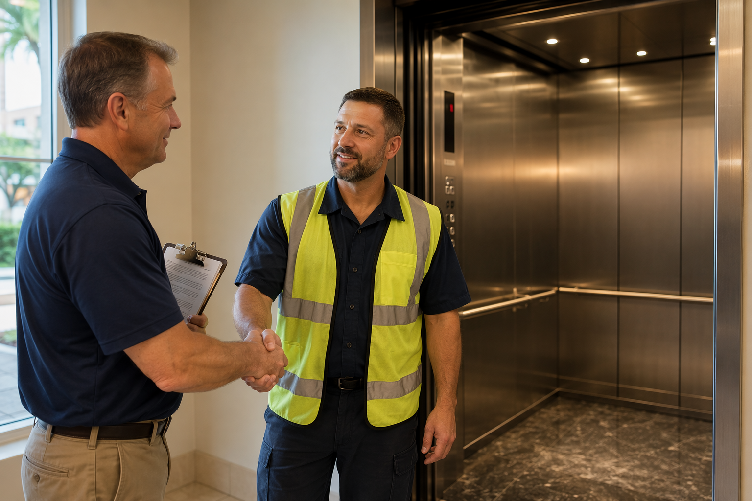Building facilities manager and elevator service technician shaking hands after a vendor evaluation walkthrough inside a Sarasota FL mid-rise elevator cab