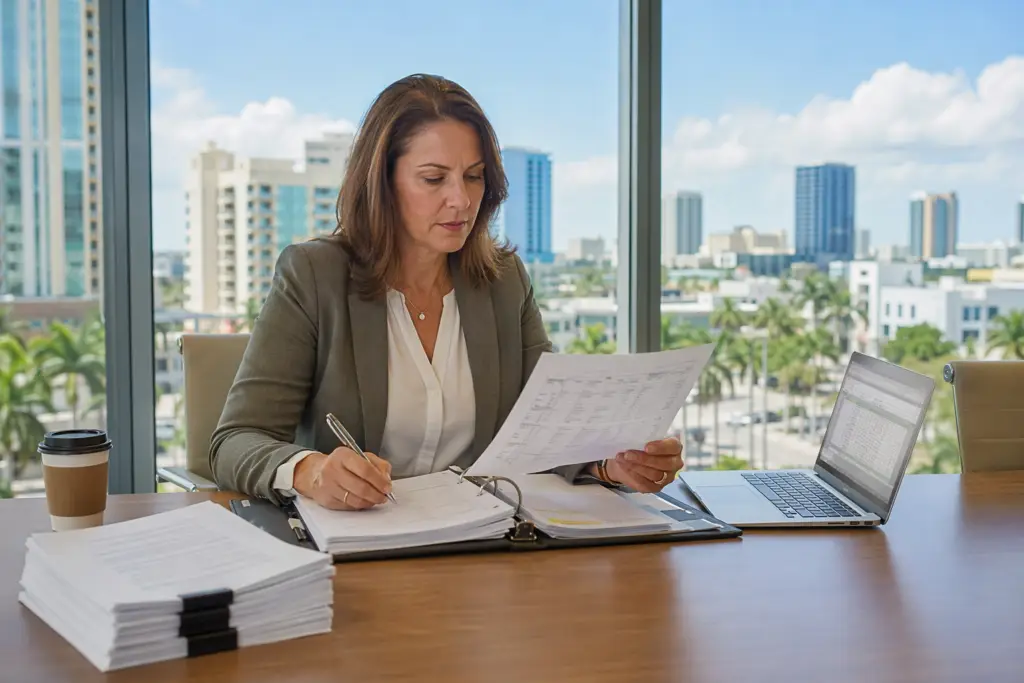 Building manager in a Pompano Beach FL office reviewing documents and data to evaluate an elevator service company for compliance and contract quality