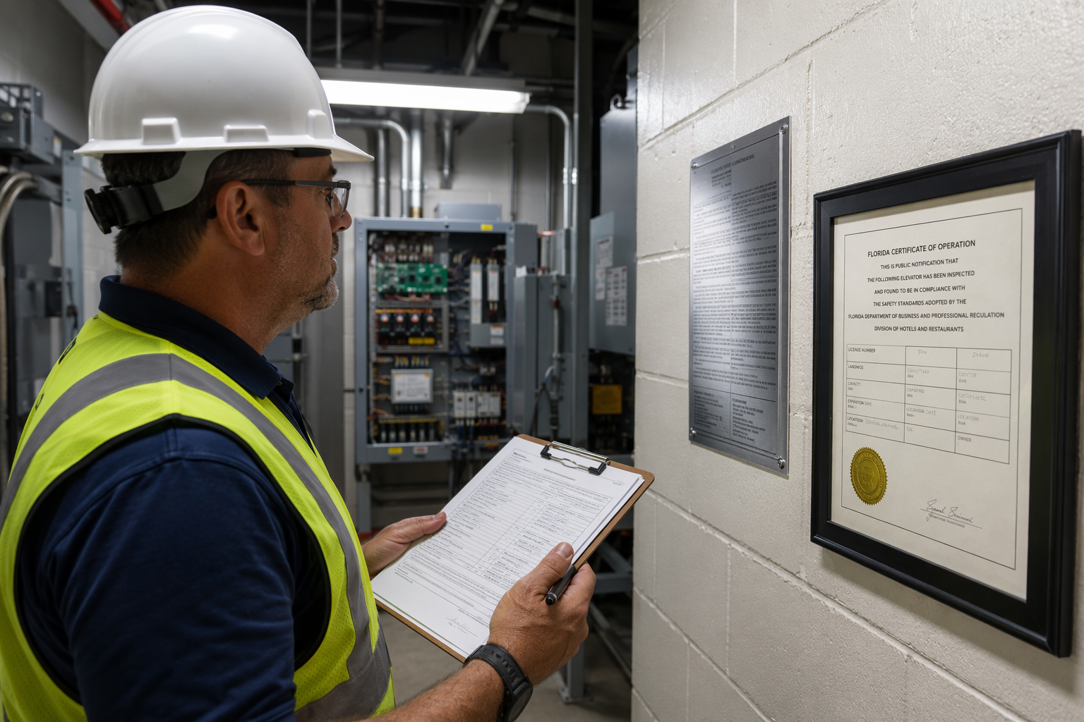 Licensed elevator inspector reviewing ASME A17.1 compliance certificate and inspection documentation in a Florida commercial building machine room