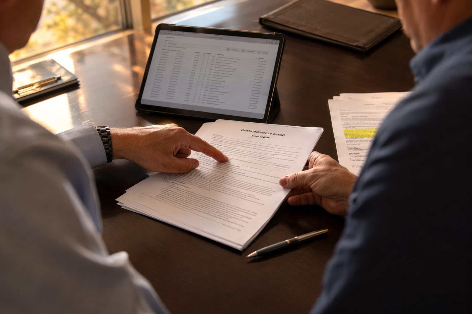 Building manager and elevator service company representative reviewing maintenance contract terms and scope of coverage at a Sarasota FL property management office