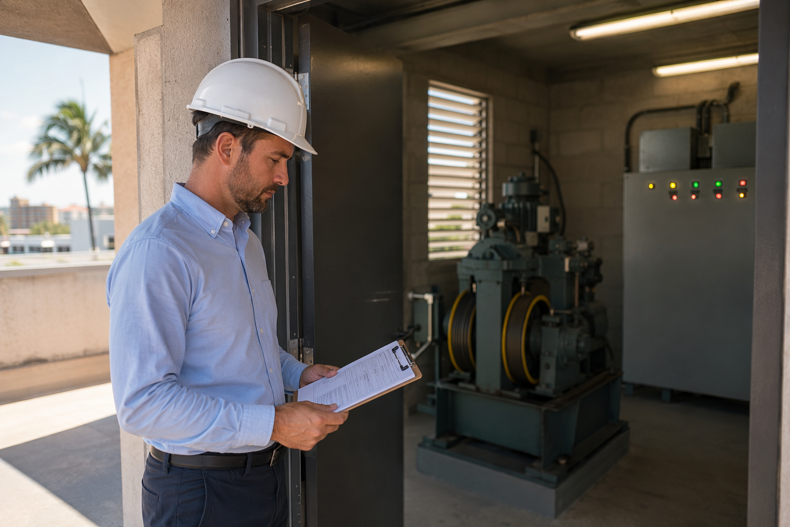 Licensed elevator inspector reviewing inspection checklist at a Florida commercial building machine room — how to pass elevator inspection preparation