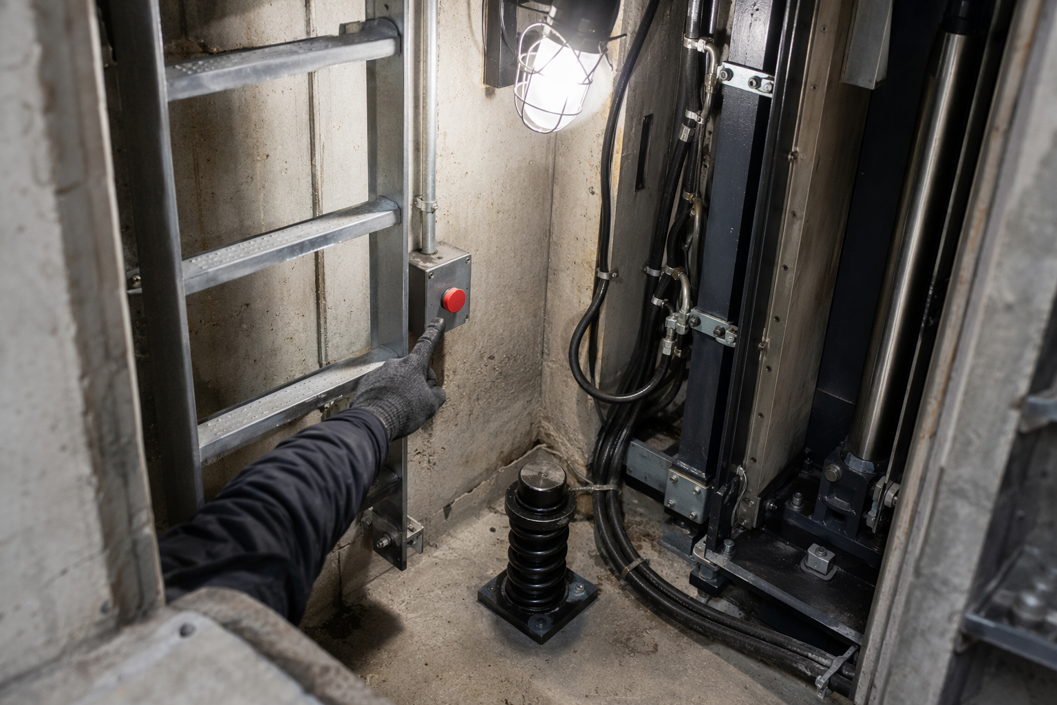 Elevator pit interior showing stop switch, ladder, and lighting during a Florida elevator safety inspection compliance check