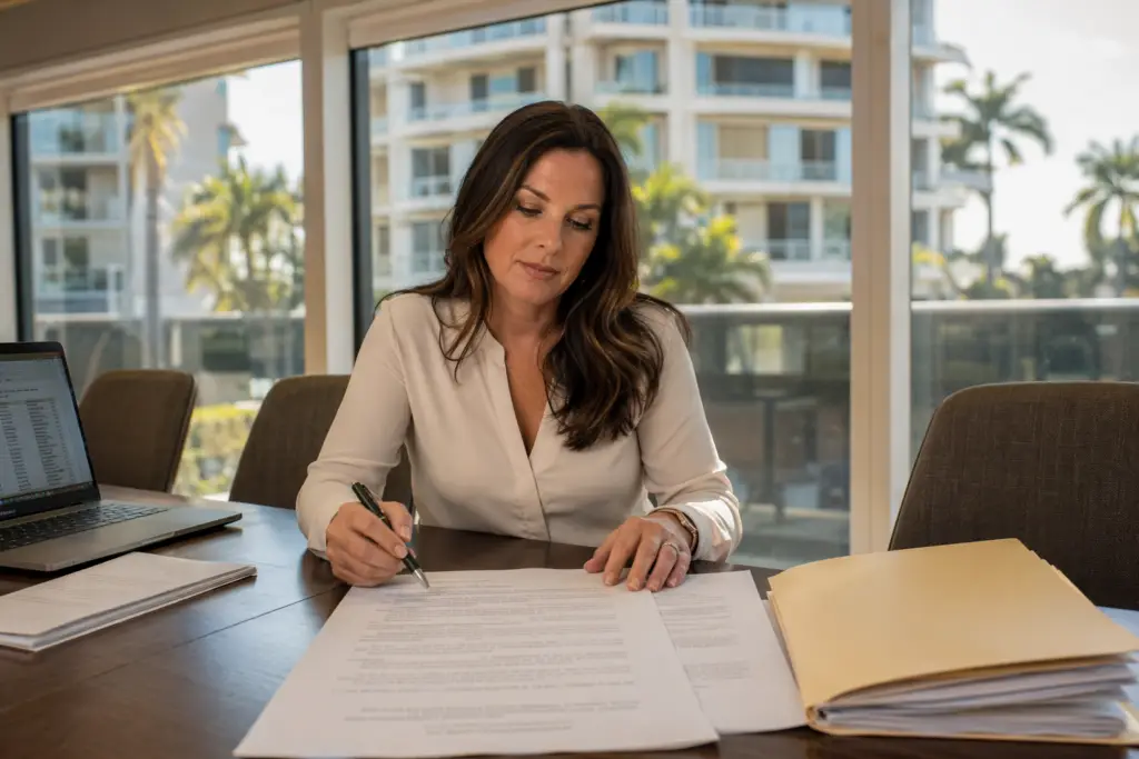 Facility manager reviewing elevator maintenance contract documents in a Pompano Beach Florida property management office to switch elevator service companies