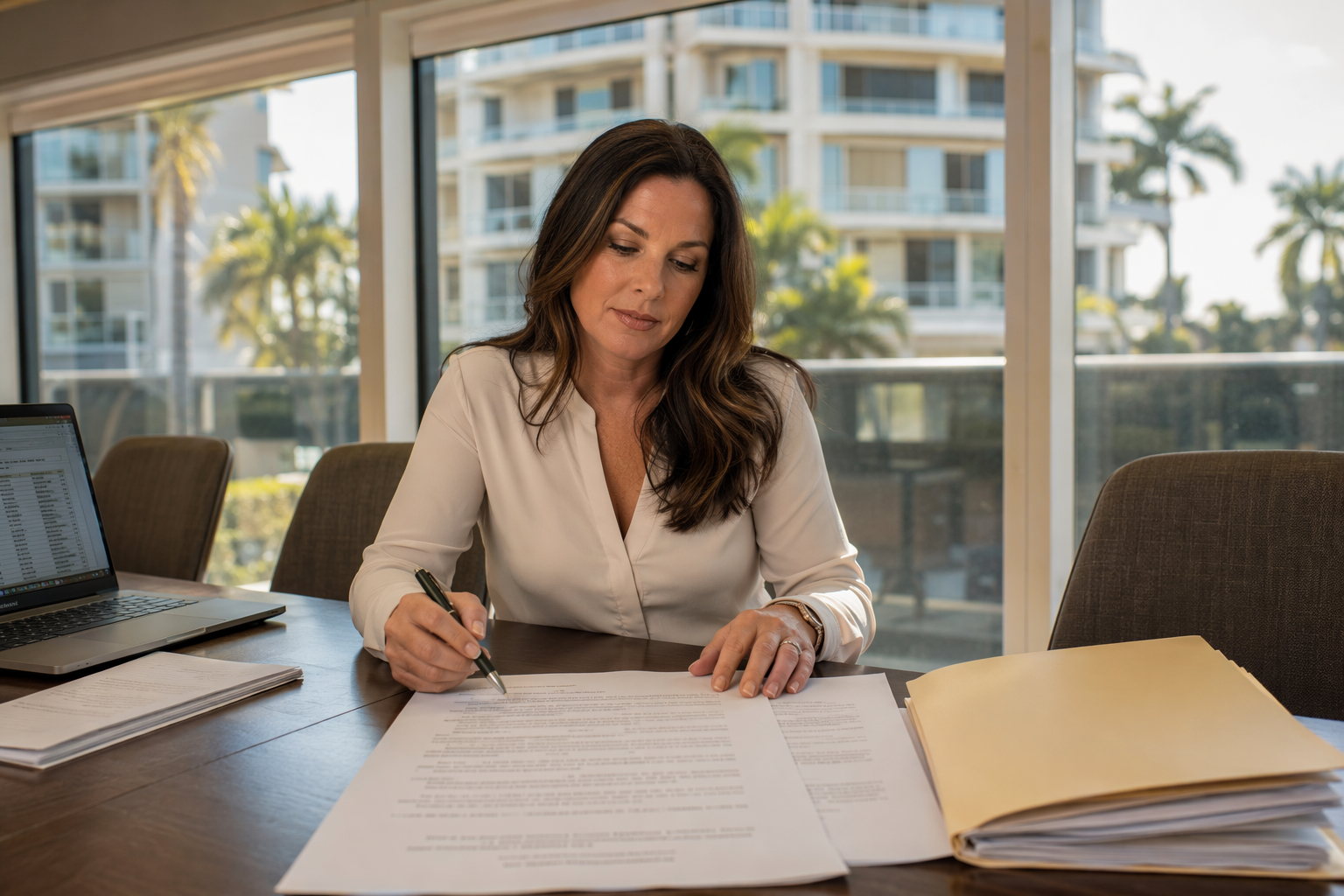 Facility manager reviewing elevator maintenance contract documents in a Pompano Beach Florida property management office to switch elevator service companies