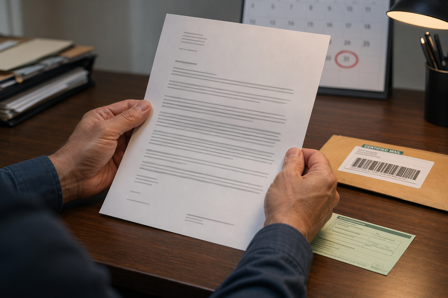 Building owner preparing certified mail termination notice to cancel elevator service contract within required 30 to 90 day notice period in Florida