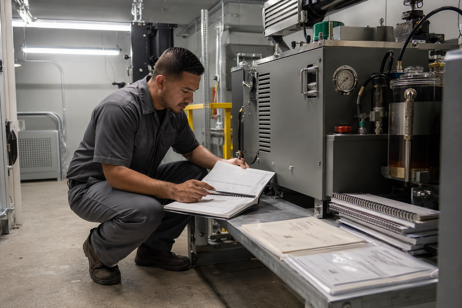 Elevator technician reviewing maintenance logs and Florida inspection certificates in machine room during transition to new elevator service company