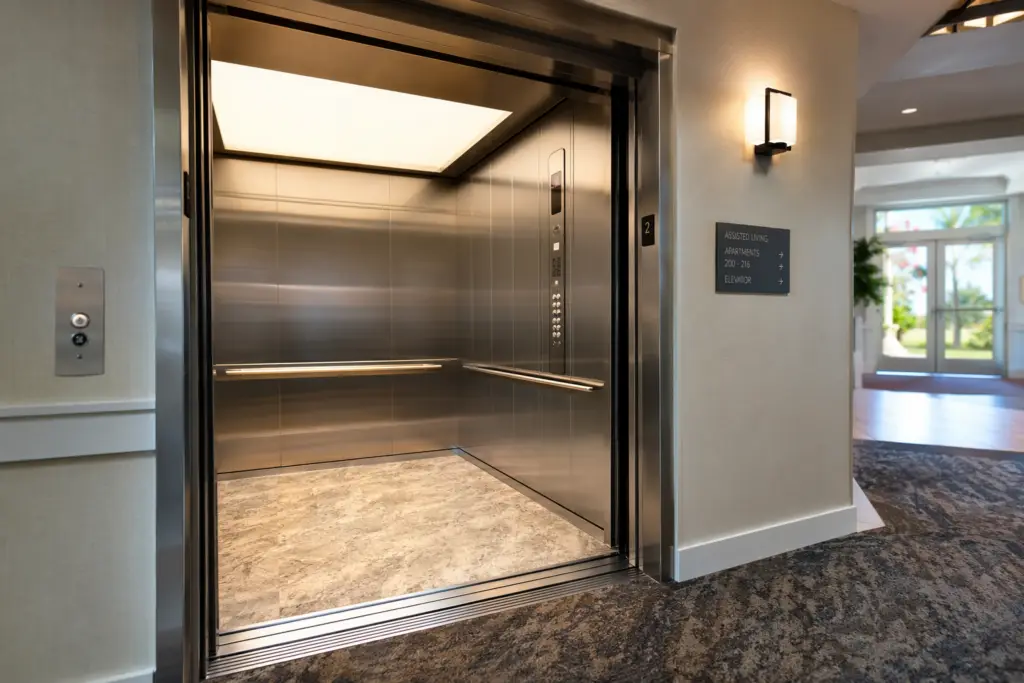 Newly modernized elevator cab interior inside a Florida multifamily assisted-living building, featuring ADA-compliant handrails, LED lighting, and stainless-steel panels — multifamily elevator moderni
