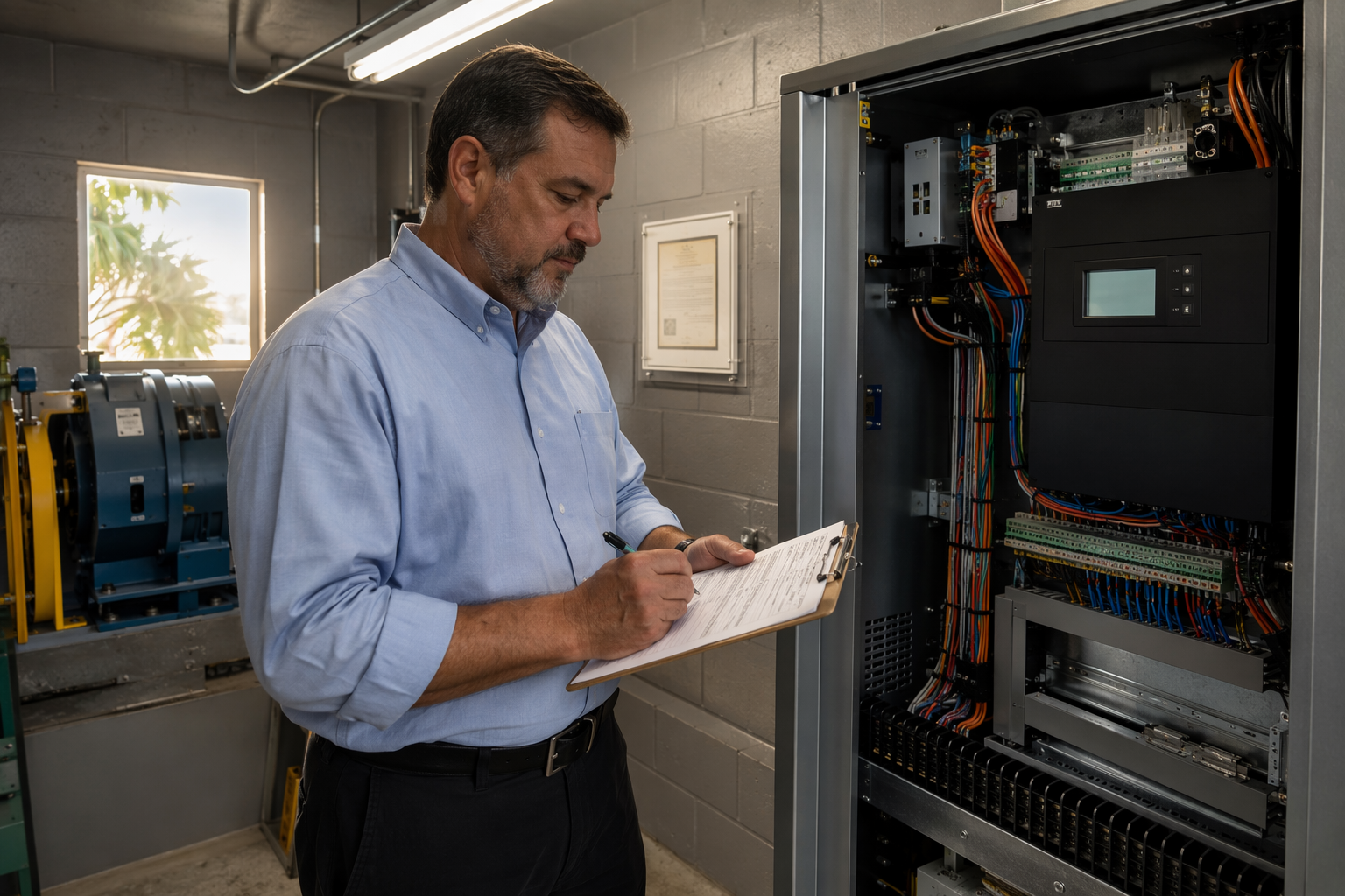 Florida-licensed elevator inspector reviewing compliance documentation next to a modernized traction elevator controller in a multifamily building machine room